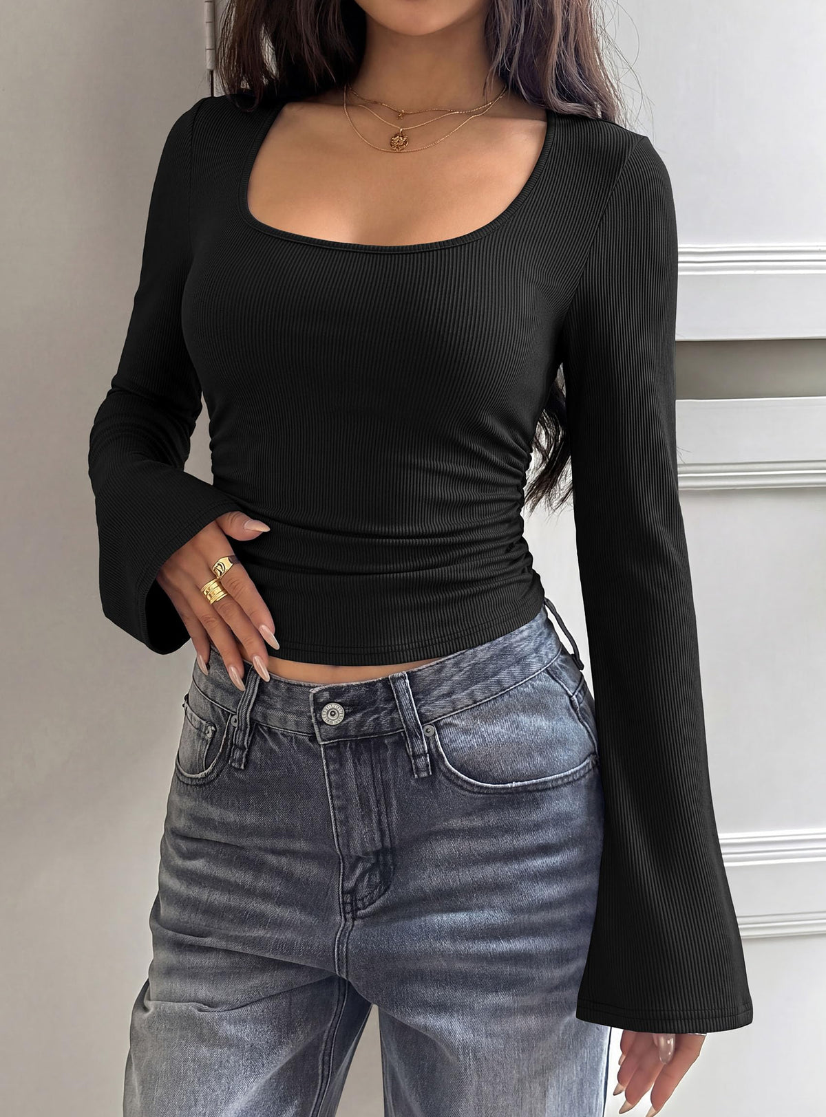 PRETTYGARDEN Womens Bell Long Sleeve Shirts Going Out Tops | Soft Stretchy Ribbed Knit, Square Neck, Slim Fit Y2K Clothes, Trendy Side Ruched, Layering Tee for Casual Fall & Winter Wear
