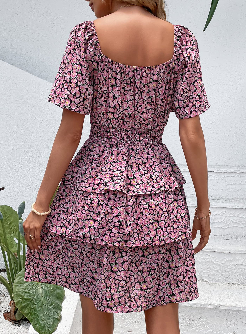 PRETTYGARDEN Women's  Floral Summer Short Dress Square Neck Short Sleeve Tiered Ruffle Boho Swing Dresses