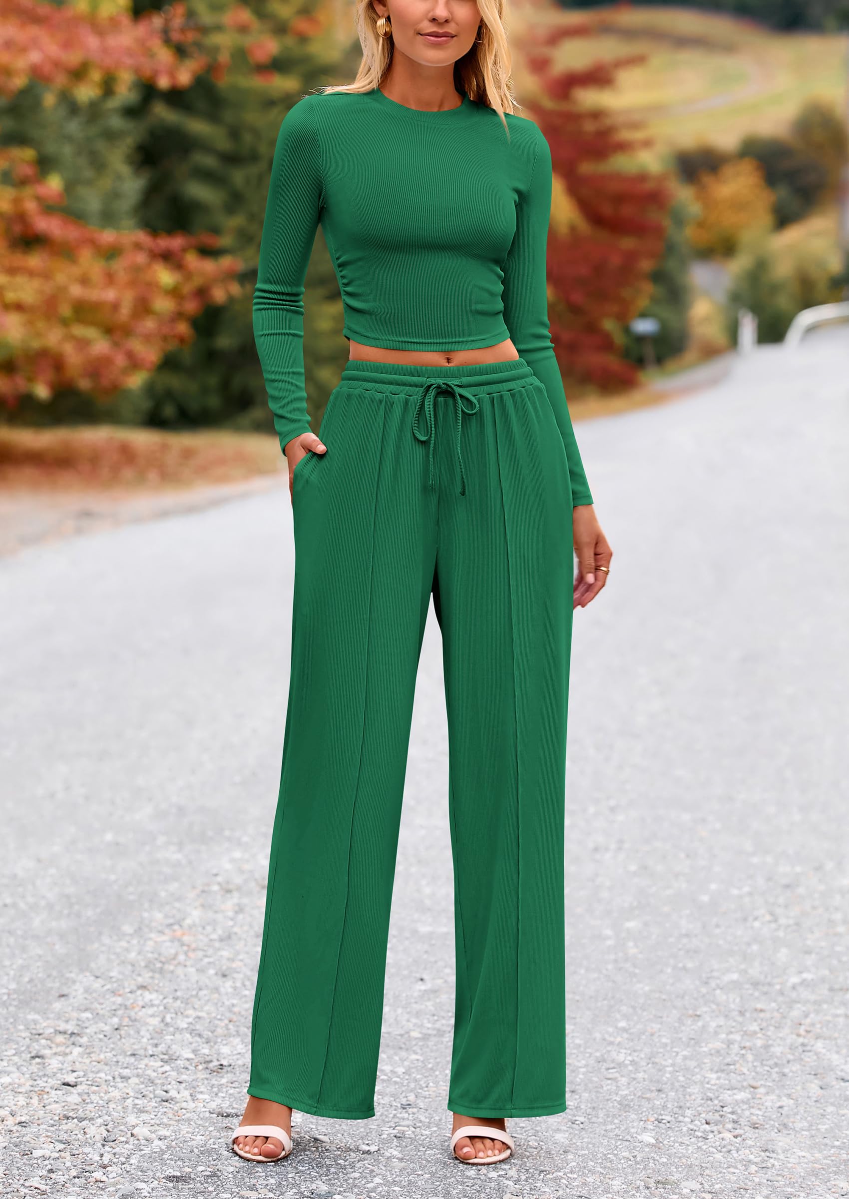 PRETTYGARDEN Women's 2 Piece Loungewear Long Sleeve Crop Top Wide Leg Palazzo Pants Set Tracksuits Casual Outfit