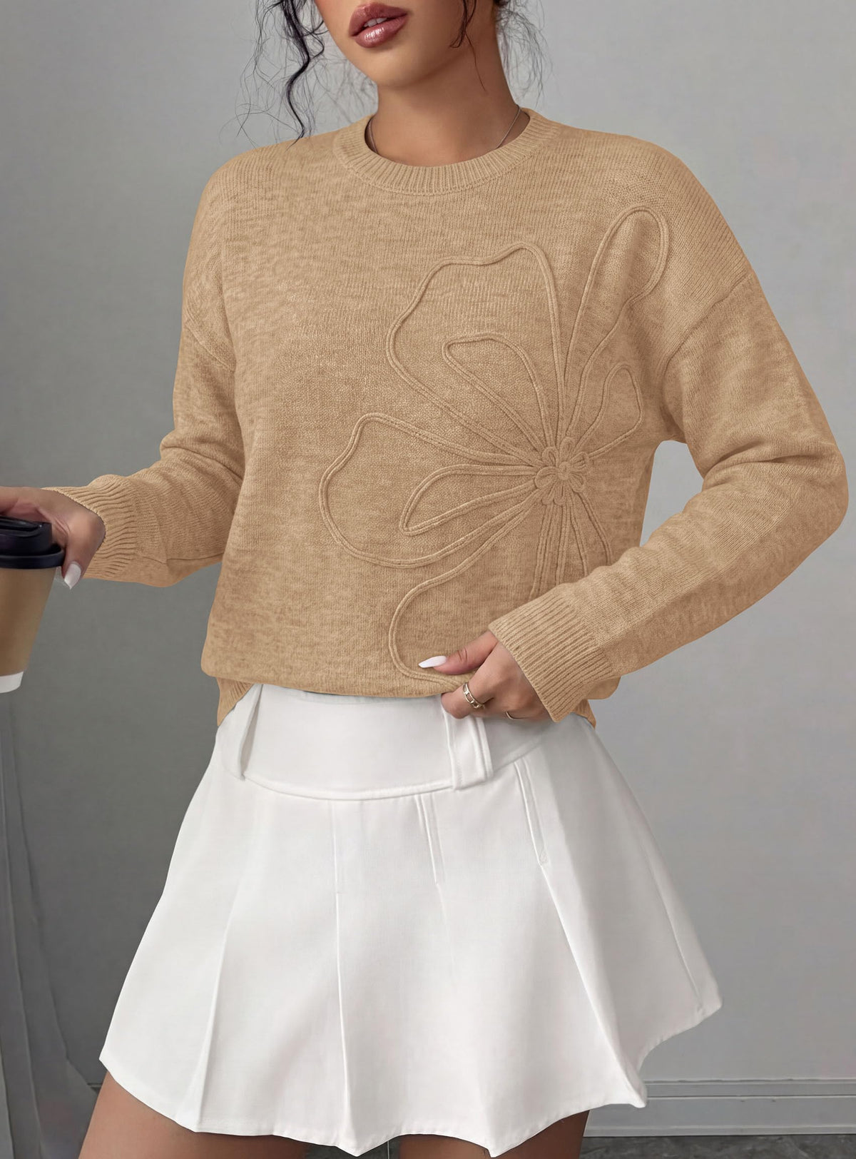 PRETTYGARDEN Women Fall Sweaters Trendy Floral Knit Pullover | Flower Embroidered Tops, Crew Neck, Soft Long Sleeve Shirts, Cozy Winter Layering Clothes for Casual Outing, Holiday Party