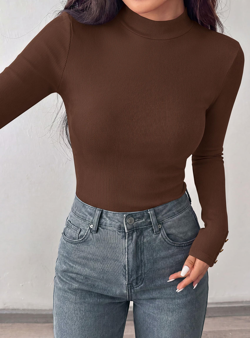 PRETTYGARDEN Women's Ribbed Mock Neck Long Sleeve Tops | Slim Fitted T-Shirts, Soft Stretch, Decorative Buttons, Going Out Work Casual Wear, Fall Outfits Layering Winter Clothes