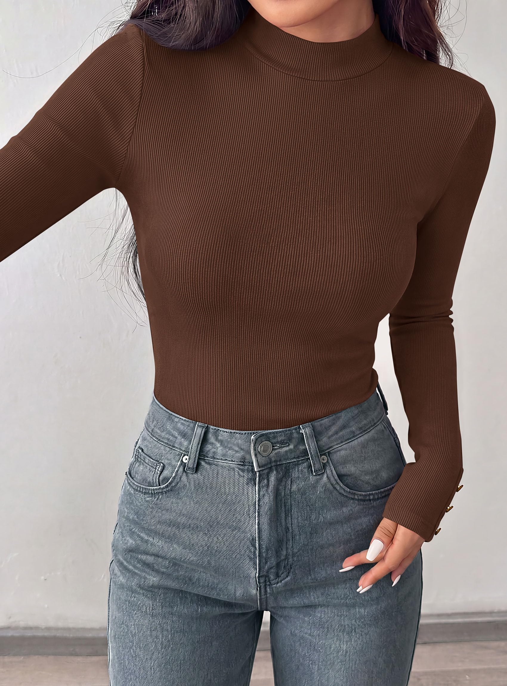 PRETTYGARDEN Women's Ribbed Mock Neck Long Sleeve Tops | Slim Fitted T-Shirts, Soft Stretch, Decorative Buttons, Going Out Work Casual Wear, Fall Outfits Layering Winter Clothes