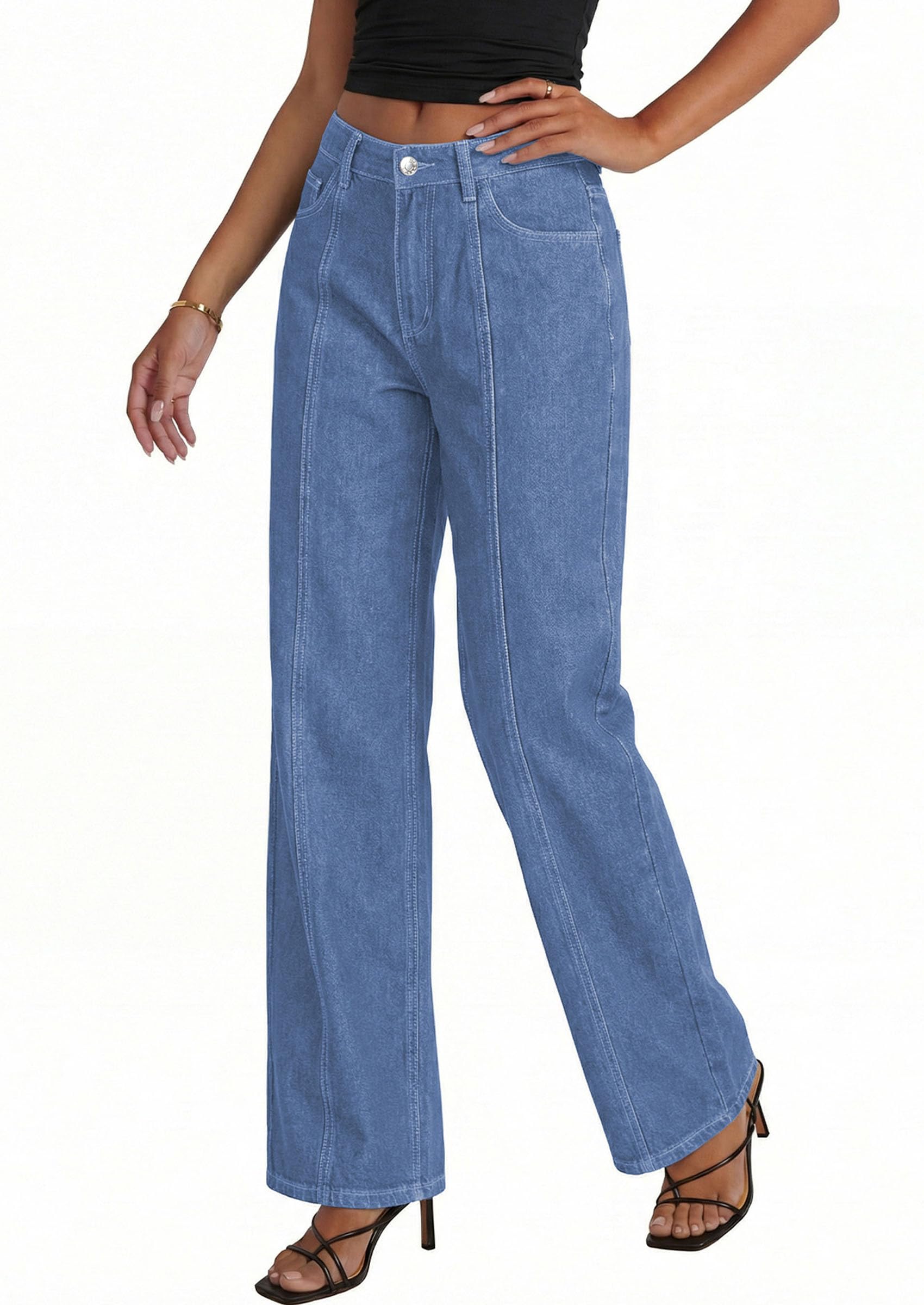 PRETTYGARDEN Women's Wide Leg Jeans High Waisted Stretchy Baggy Seamed Front Denim Palazzo Pants Summer Fashion Clothes