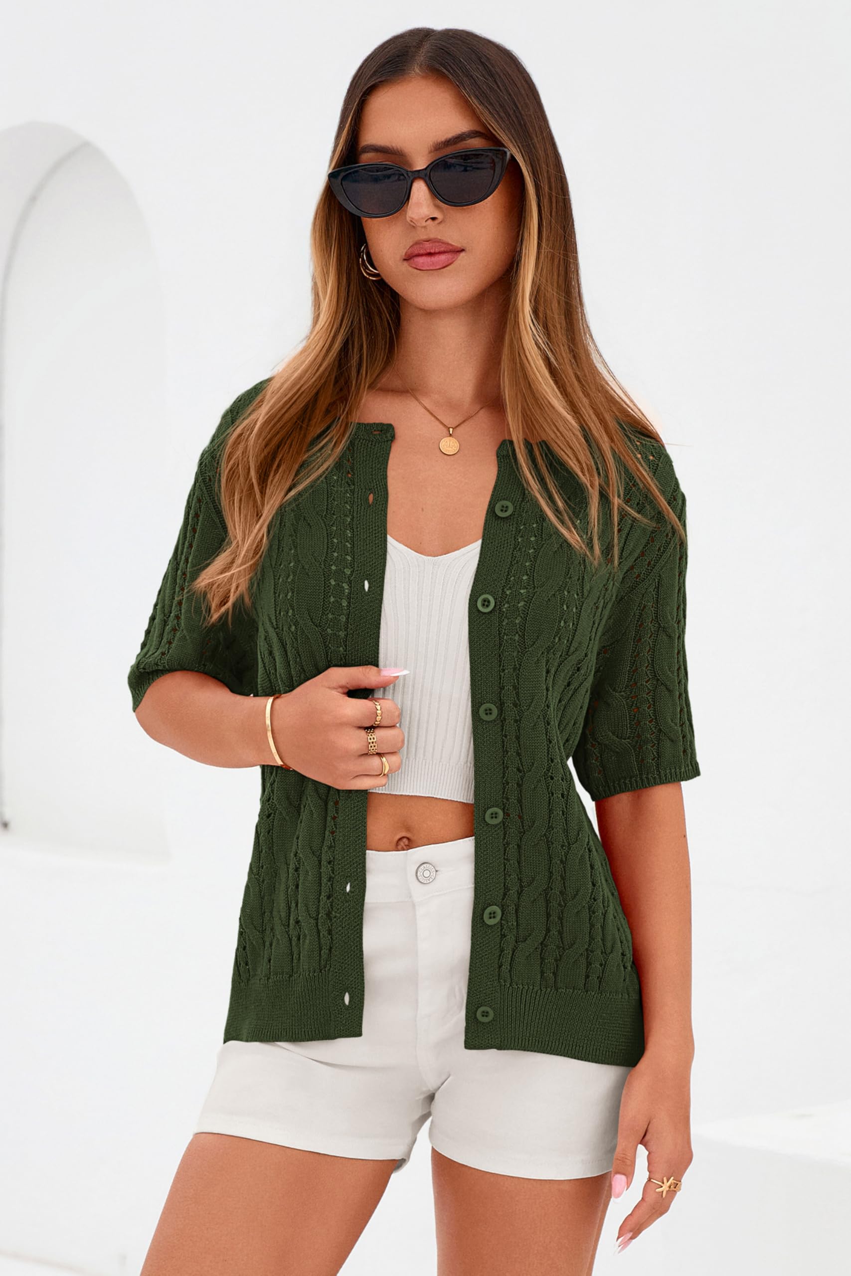 FreshPretty  Women Summer Cable Knit Crochet Cardigan Sweaters Casual Button Short Sleeve Sweater Cute Beach Hollow Out Knit Top