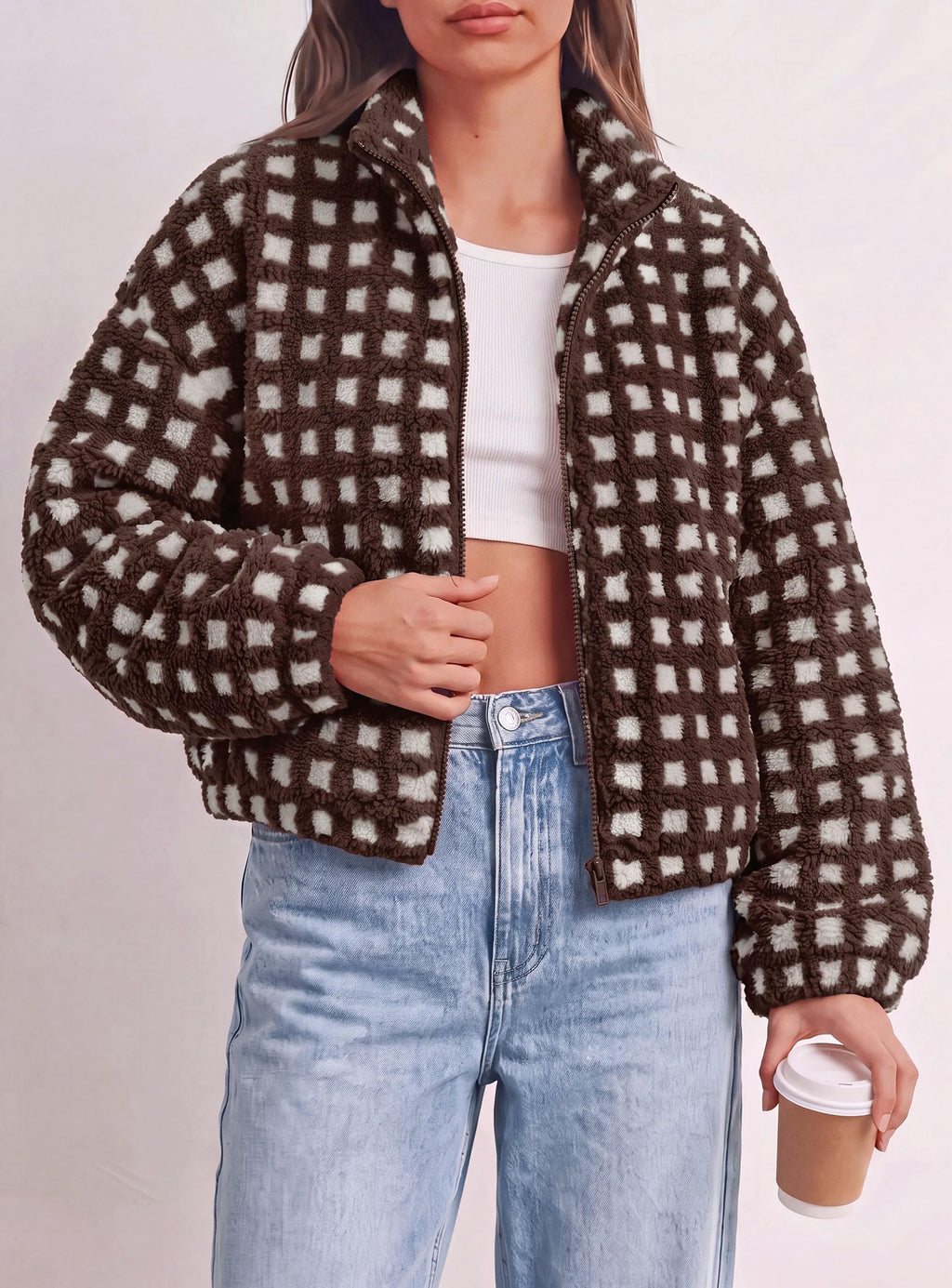 PRETTYGARDEN Women's Gingham Sherpa Fleece Jacket Plaid Cropped Teddy Coat Trendy Y2K Winter Jacket, Zip Up Stand Collar, Side Pockets, Fall Outfit for Casual Daily, Going Out, Streetwear, Outdoor