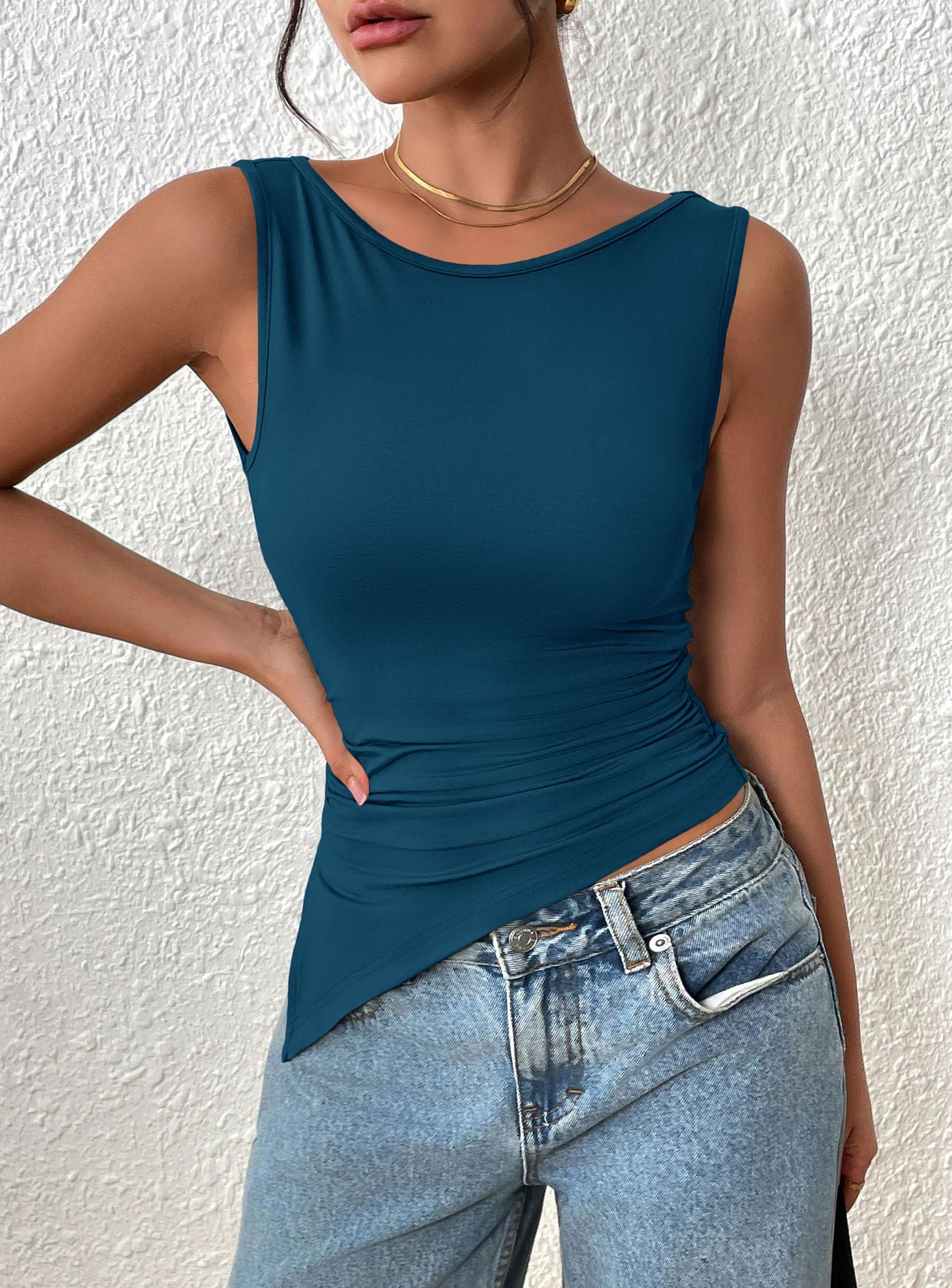 PRETTYGARDEN Womens Ruched Tank Tops  Summer Sleeveless Slim Fit T Shirts Blouses Going Out Y2K Fashion Clothes