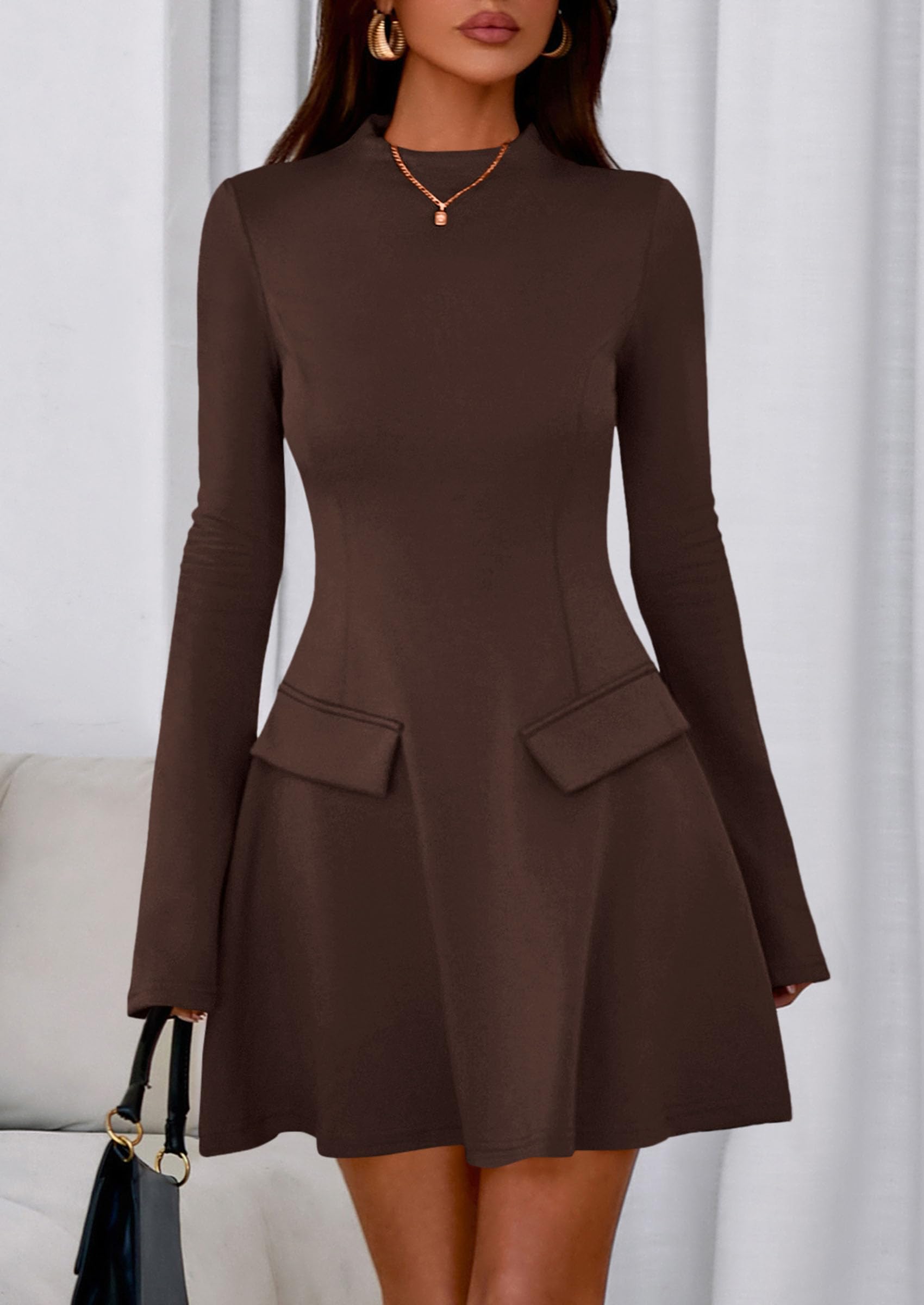 PRETTYGARDEN Women's Elegant Holiday Short Dress  Fall Bell Long Sleeve Mock Neck Work Business Casual Party Mini Dress