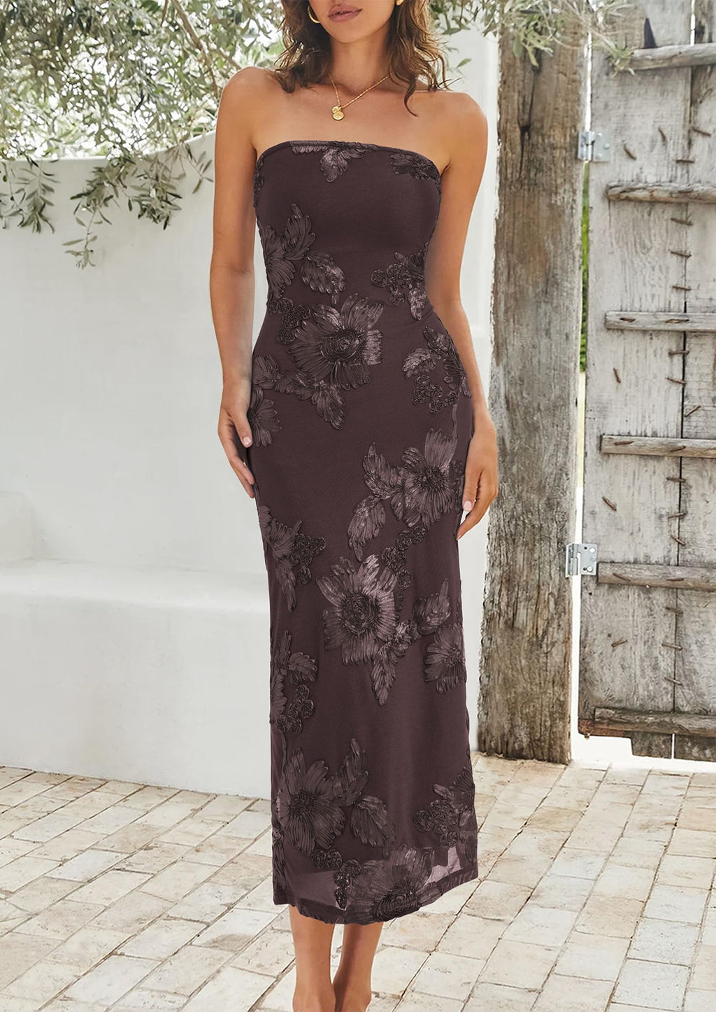 PRETTYGARDEN Women's Summer Wedding Guest Floral Midi Dress Strapless Tube Top, Side Slit, Bodycon Mesh, Elegant Cocktail Dresses for Homecoming Party, Birthday, Dinner, Formal Gowns