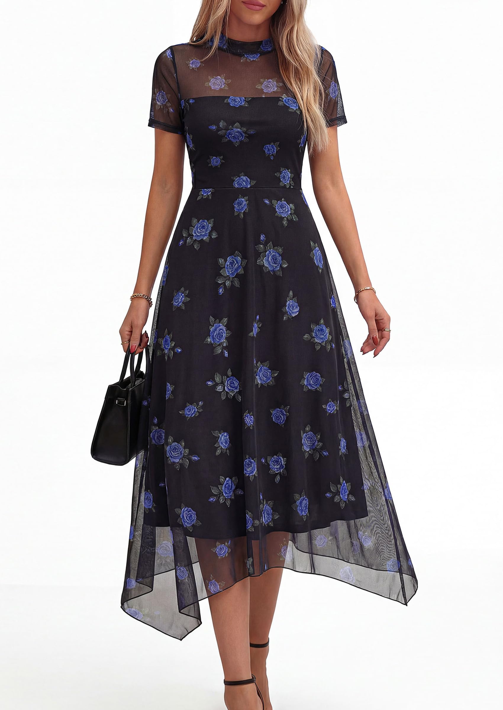 PRETTYGARDEN Cocktail Dresses for Women  Summer Short Sleeve Floral Mesh Sheer Midi Party Wedding Guest Dress
