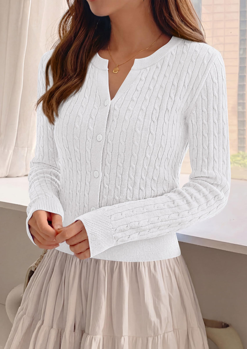 FreshPretty Women's Cable Knit Cropped Cardigan Sweater V Neck Button Down | Soft Lightweight Cable Knit, Long Sleeve, V Neck Button Front, Cropped Ribbed Trim, Business Casual Fall Winter Layering