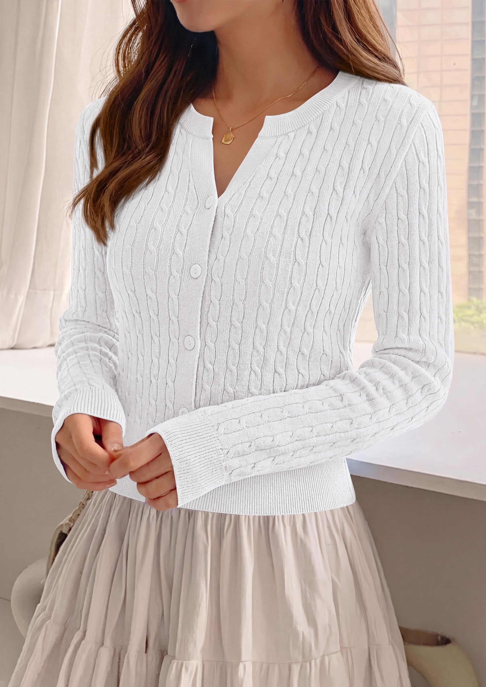 FreshPretty Women's Cable Knit Cropped Cardigan Sweater V Neck Button Down | Soft Lightweight Cable Knit, Long Sleeve, V Neck Button Front, Cropped Ribbed Trim, Business Casual Fall Winter Layering