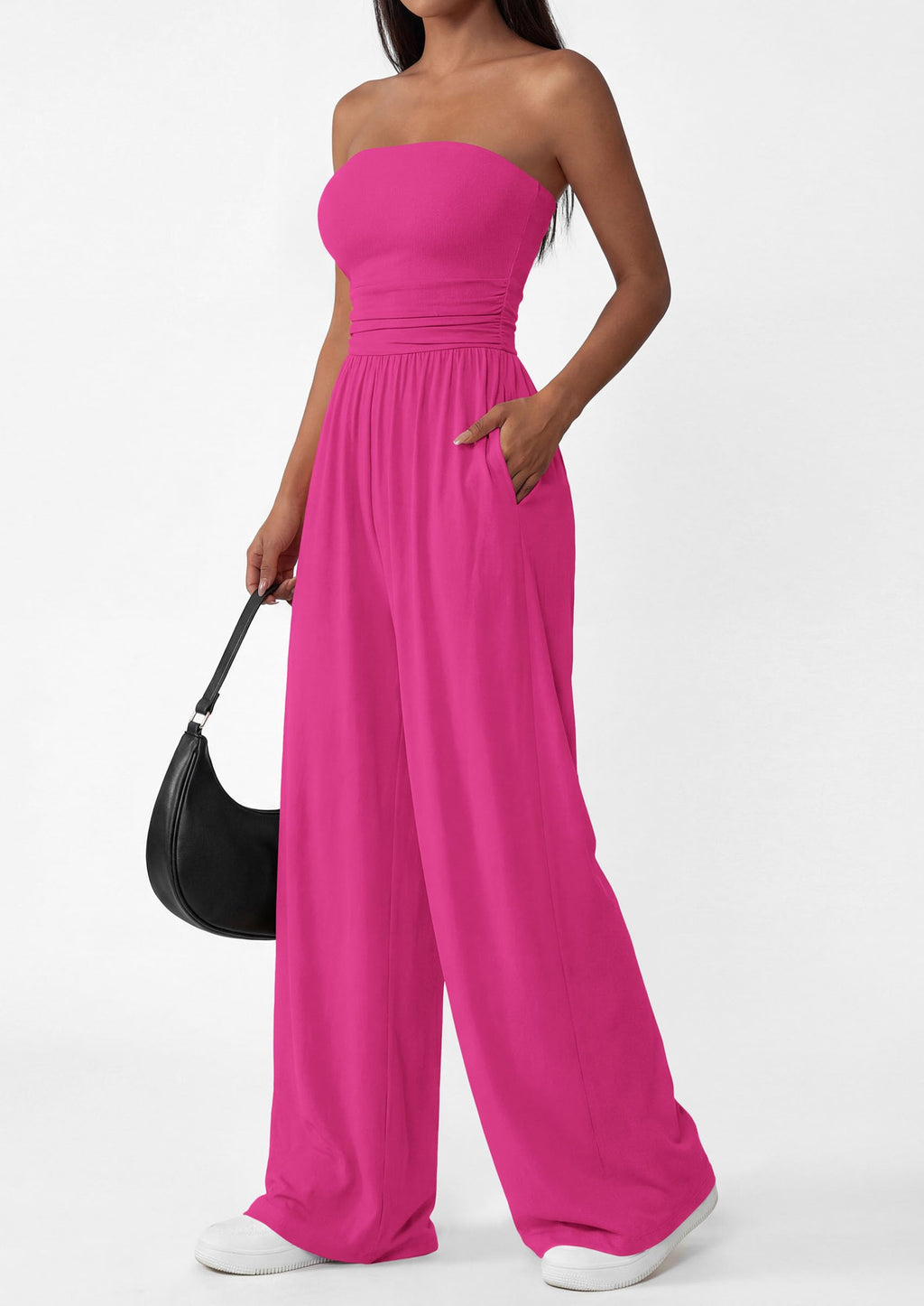 PRETTYGARDEN Womens Trendy Strapless Rompers Ruched Tube Top Wide Leg One Piece Jumpsuits Beach Vacation Summer Outfits