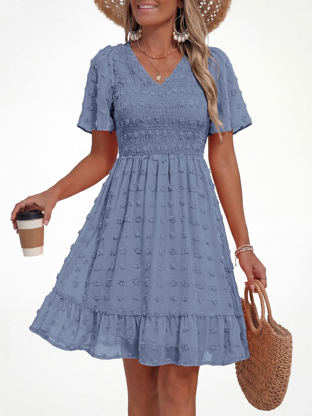 FreshPretty Womens Beach Vacation Dress Summer V Neck Short Sleeve Smocked Swiss Dot Ruffle Casual Mini Spring Dresses