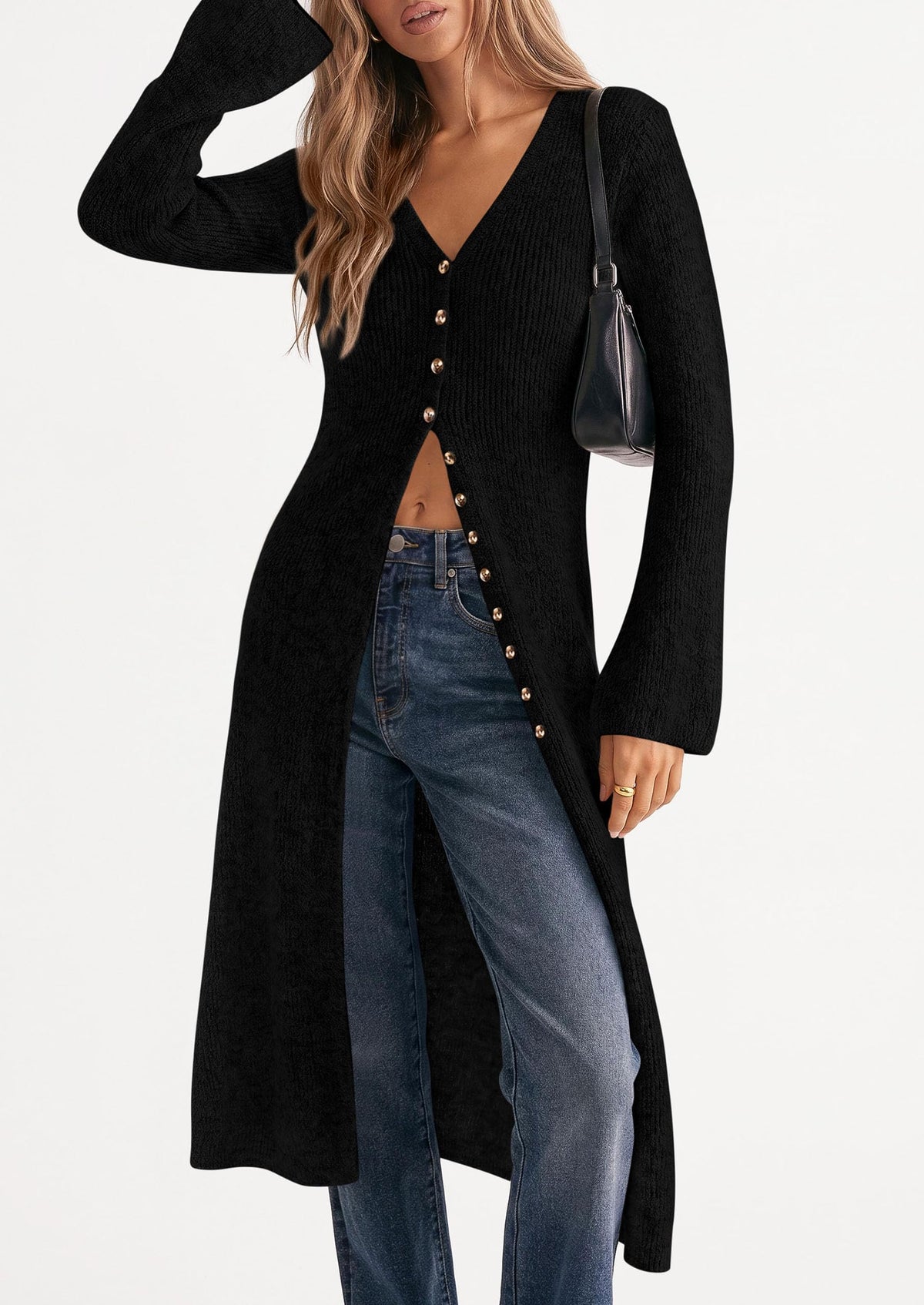 PRETTYGARDEN Women Long Cardigan Bell Sleeve Sweater Dress Early Fall Fashion, V Neck Button Down Coats, Fit and Flare, Duster Sweater, Acrylic Cotton Blend