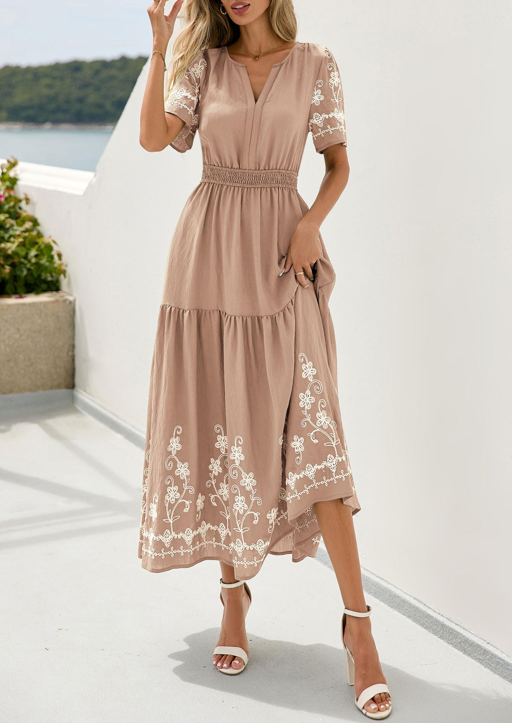 PRETTYGARDEN Women's Summer Boho Maxi Dress Spring Floral Short Sleeve V Neck A Line Flowy Beach Wedding Guest Dresses