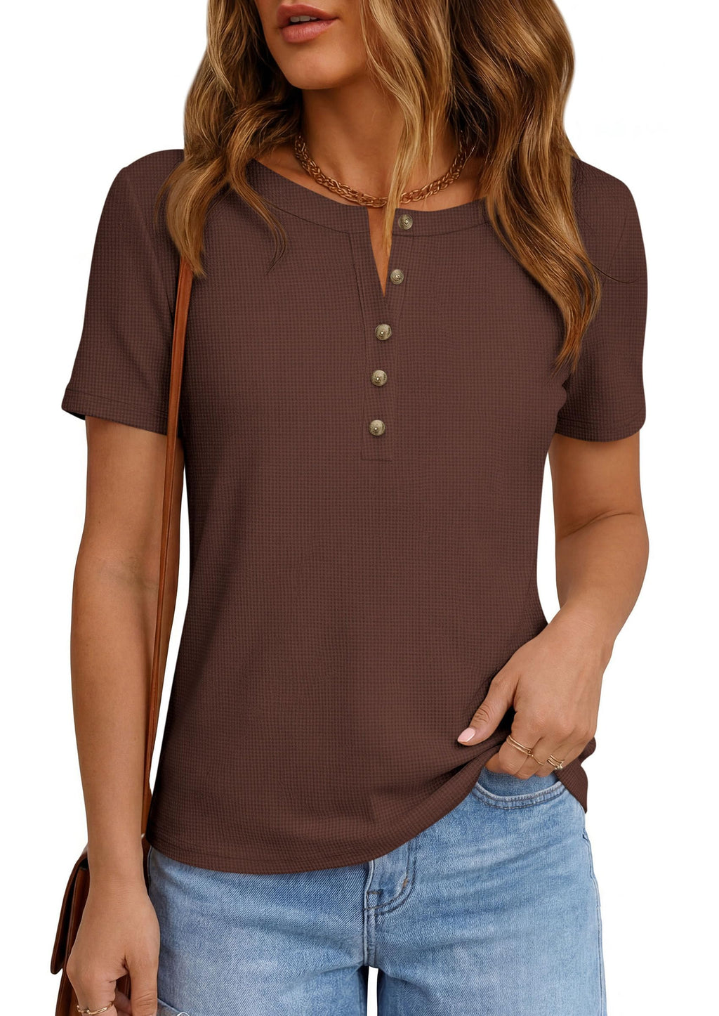 PRETTYGARDEN Waffle Knit Tops for Women Short Sleeve Henley Shirts  Summer Blouses Dressy Casual Spring Fashion Clothes