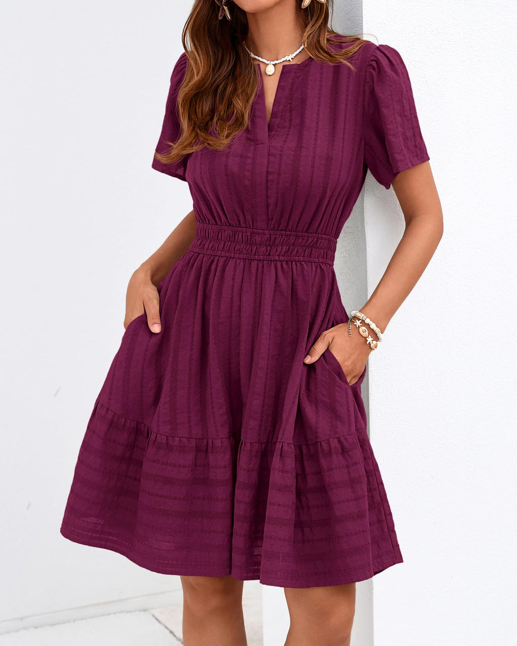 BTFBM Womens Spring  Casual Mini Dresses Lightweight Short Sleeve V Neck Elastic Waist Cute Boho Beach Dress Pockets