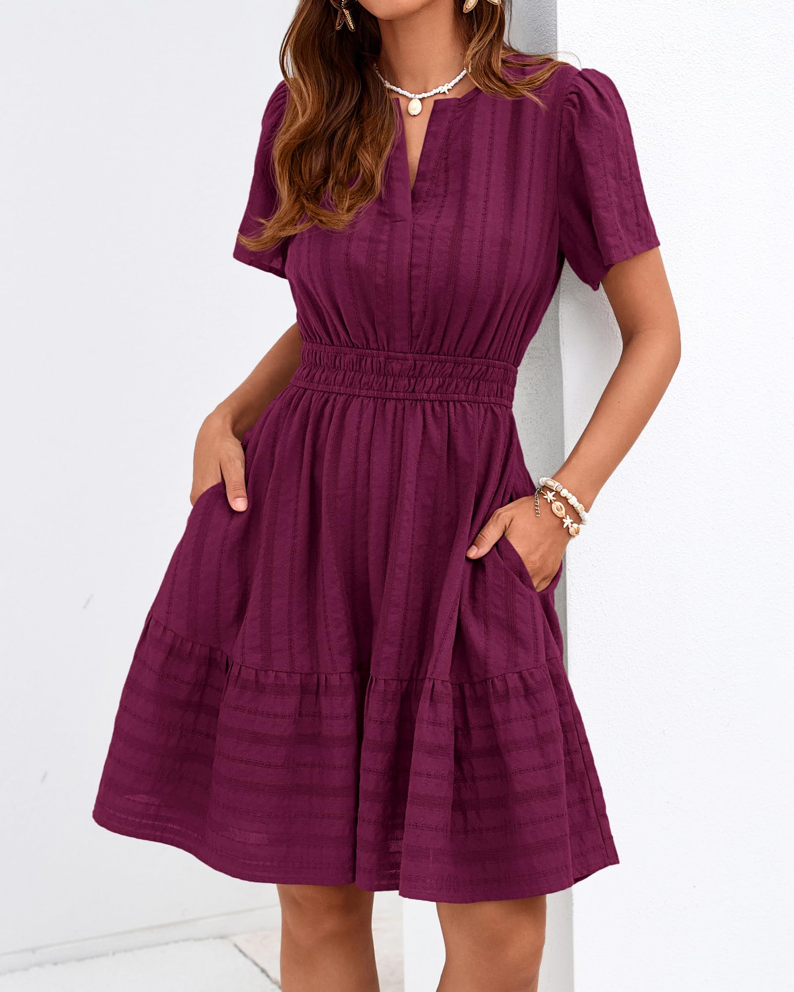 BTFBM Womens Spring  Casual Mini Dresses Lightweight Short Sleeve V Neck Elastic Waist Cute Boho Beach Dress Pockets