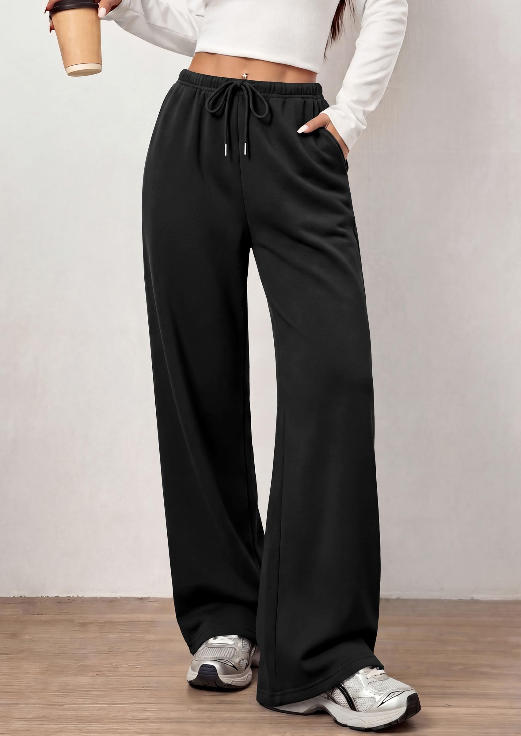PRETTYGARDEN Womens Wide Leg Sweatpants Fleece Lounge Pants | Elastic Drawstring Waist,Baggy Jogger Yoga Sweat pants,Pockets,Fall Winter Clothes,Loose Daily Casual & Loungewear Trousers
