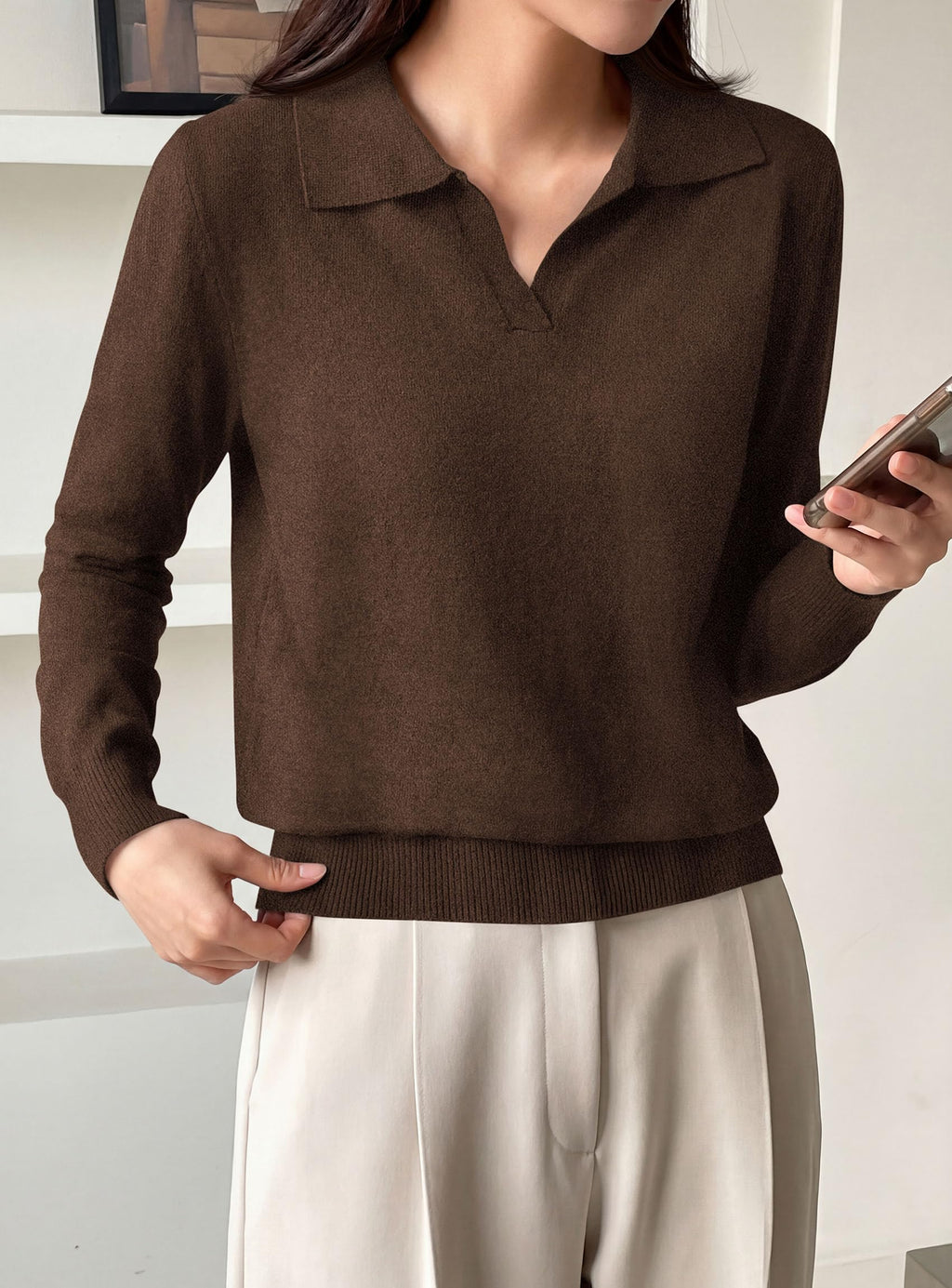 PRETTYGARDEN Womens Long Sleeve Collared Polo Sweater | Breathable Soft Ribbed Knit, Lapel V Neck Pullover Sweaters, Business Casual Work Office Tops, 2026 Trendy Fall Outfits