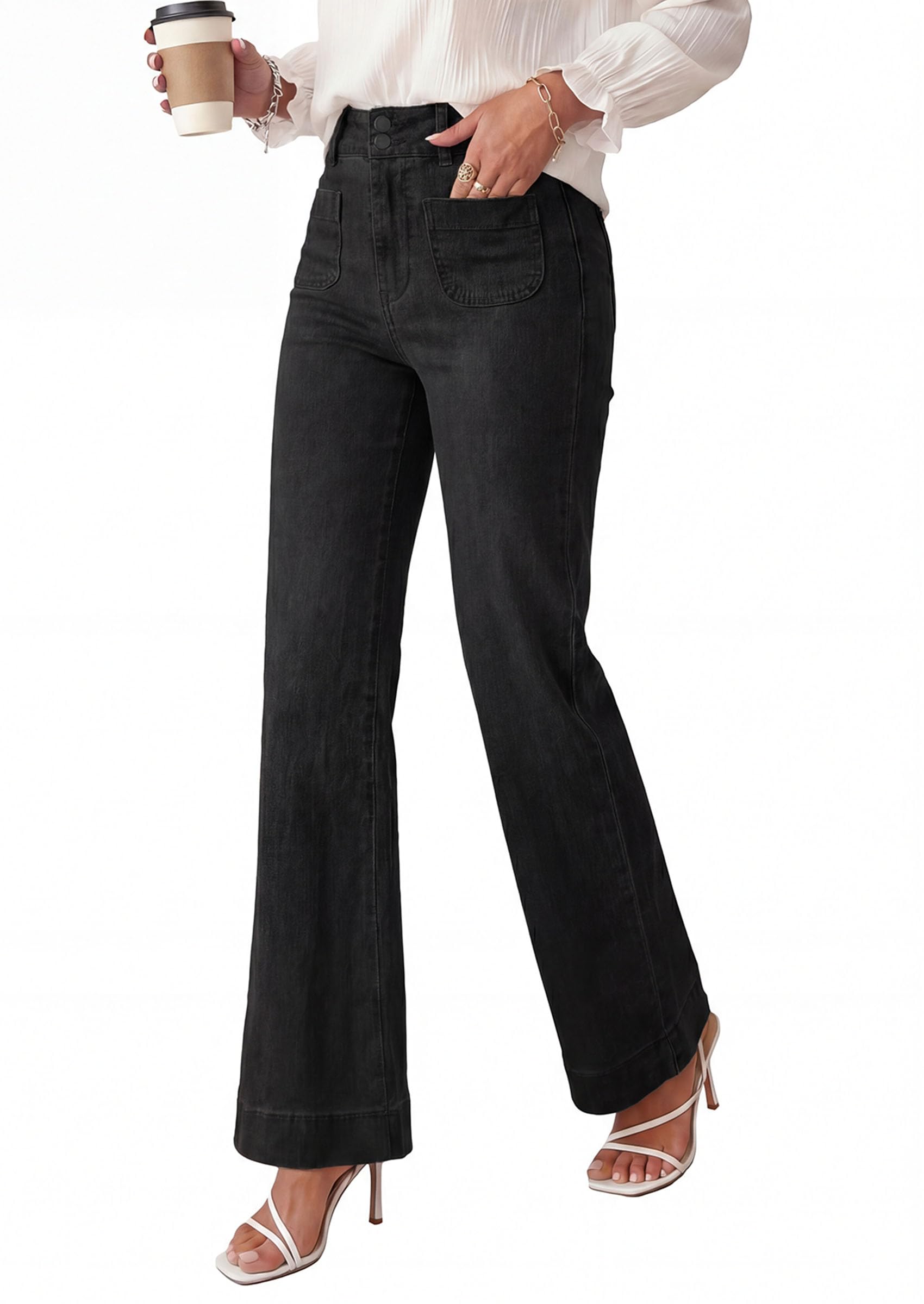 PRETTYGARDEN Womens Wide Leg Jeans High Waisted Stretchy | High Rise Flare Jeans with Front Patch Pockets, Loose Fit Daily Wear Denim, Trendy Office Work Pants, Business Casual Outfits