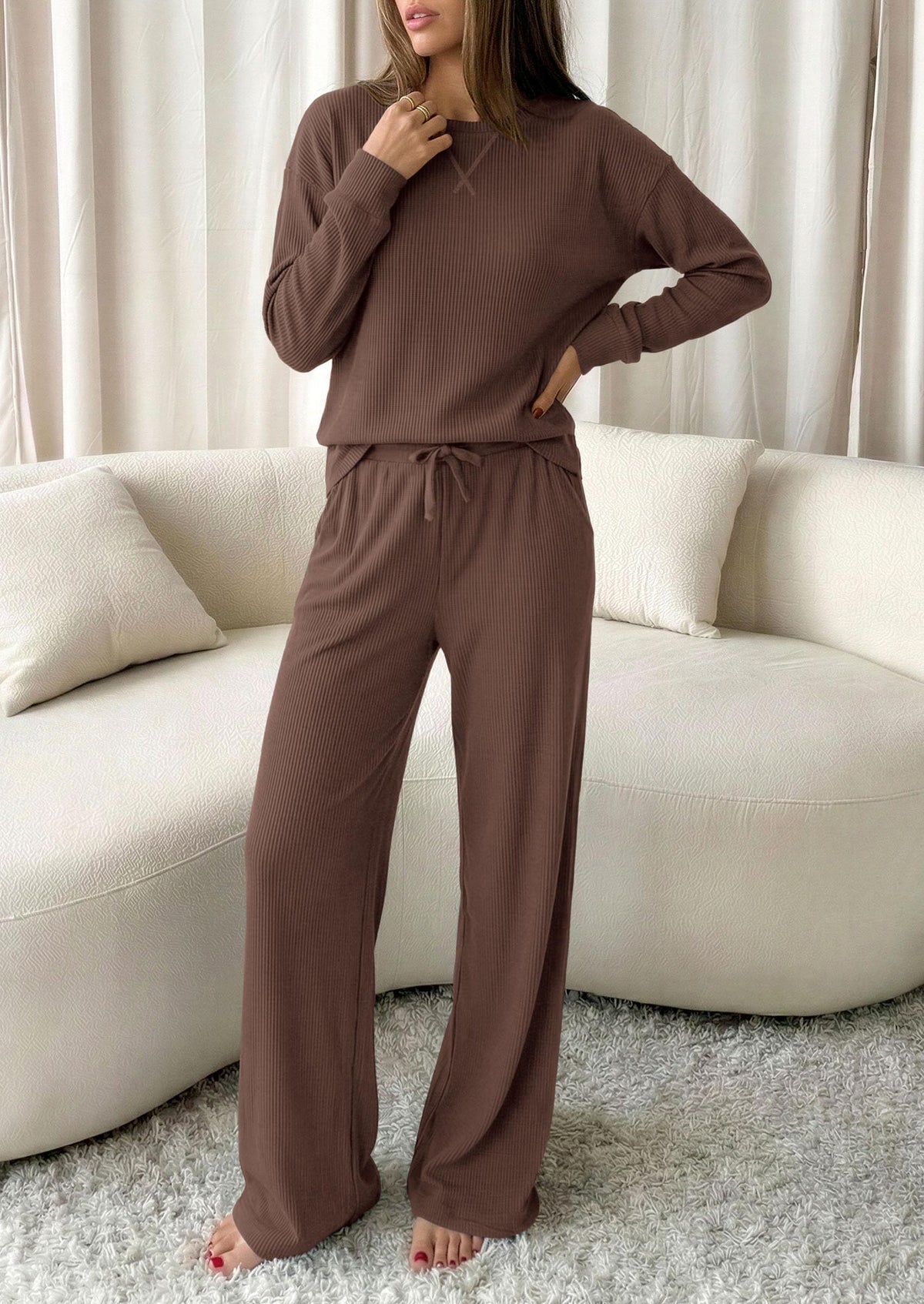 PRETTYGARDEN Sweatsuits Women 2 Piece Airport Travel Outfits | Ribbed Knit Lounge Sets, Casual Athleisure Wear, Matching Long Sleeve Shirts & Wide Leg Pants Pockets, Fall Winter Clothes