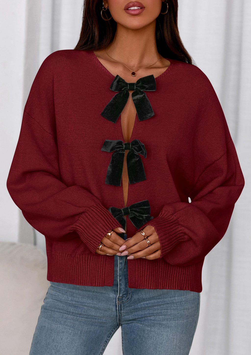 PRETTYGARDEN Cardigan Sweaters for Women Fall Fashion Bow Tie Front Long Sleeve Knit Sweater Tops Cute Winter Clothes