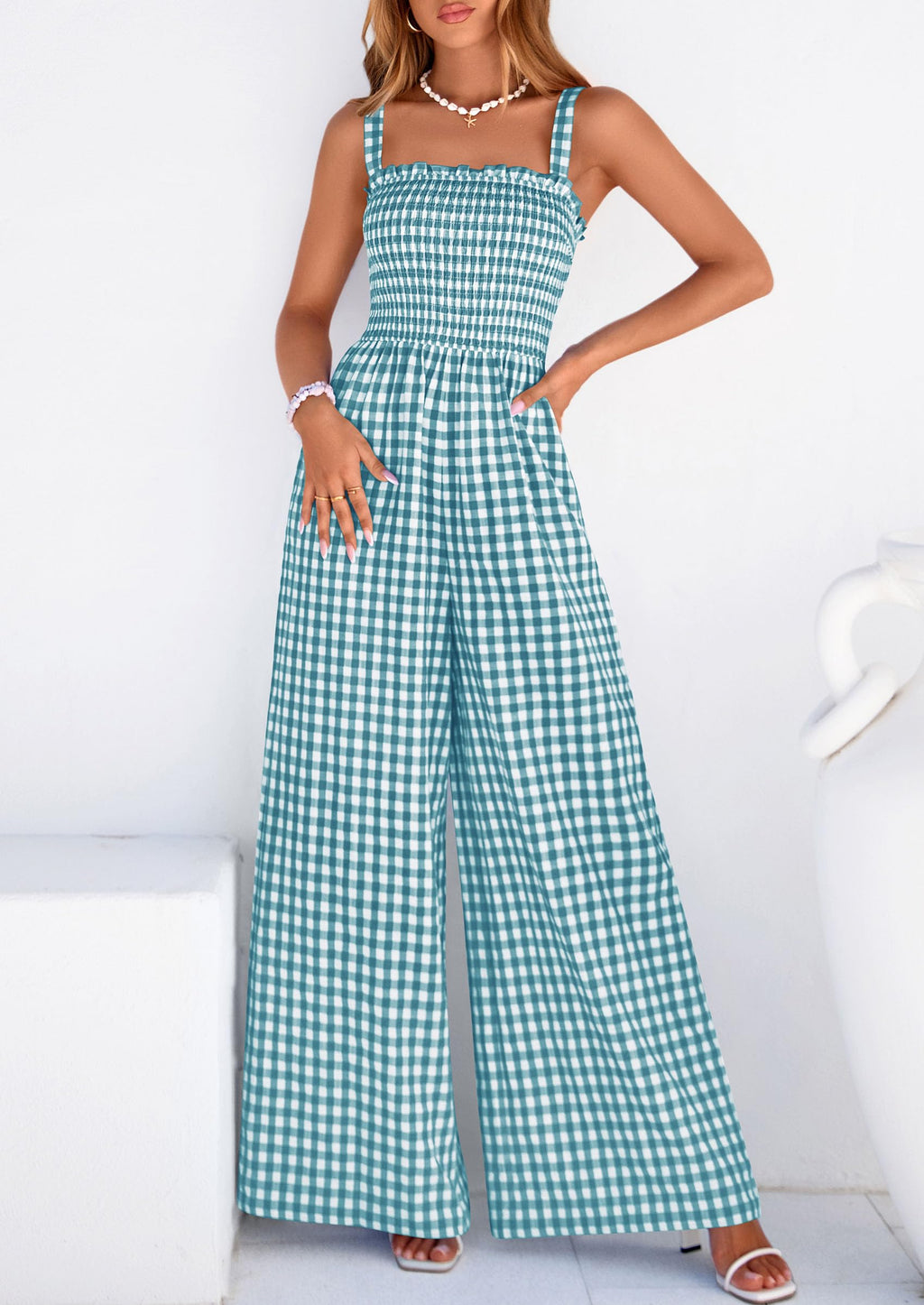 PRETTYGARDEN One Piece Jumpsuits for Women Casual Summer Cruise Outfits  Spring Fashion Smocked Wide Leg Gingham Rompers