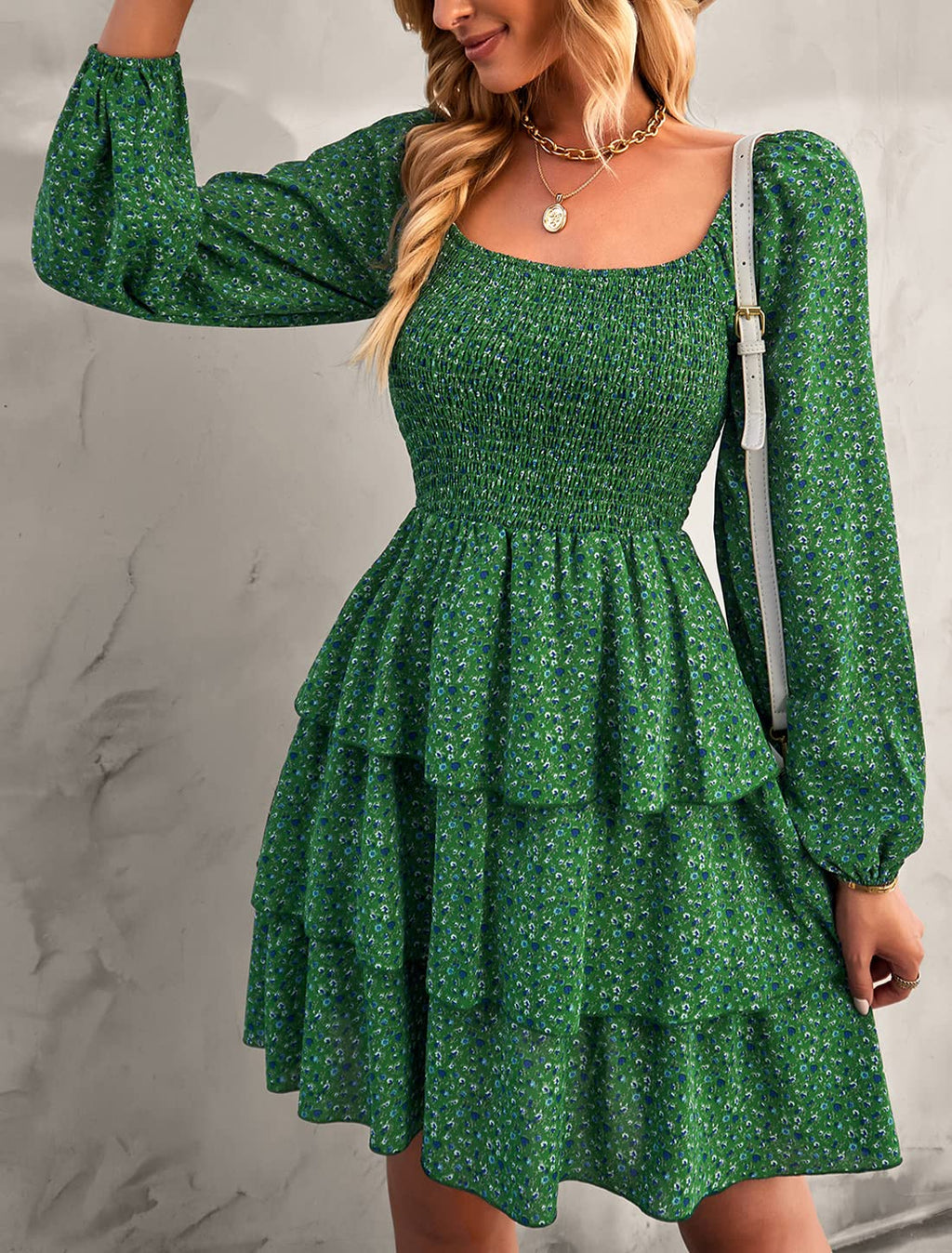 FreshPrettyWomen Square Neck Smocked Dresses Summer Spring Long Sleeve Floral Swiss Dot Mini Boho Wedding Guest Dress
