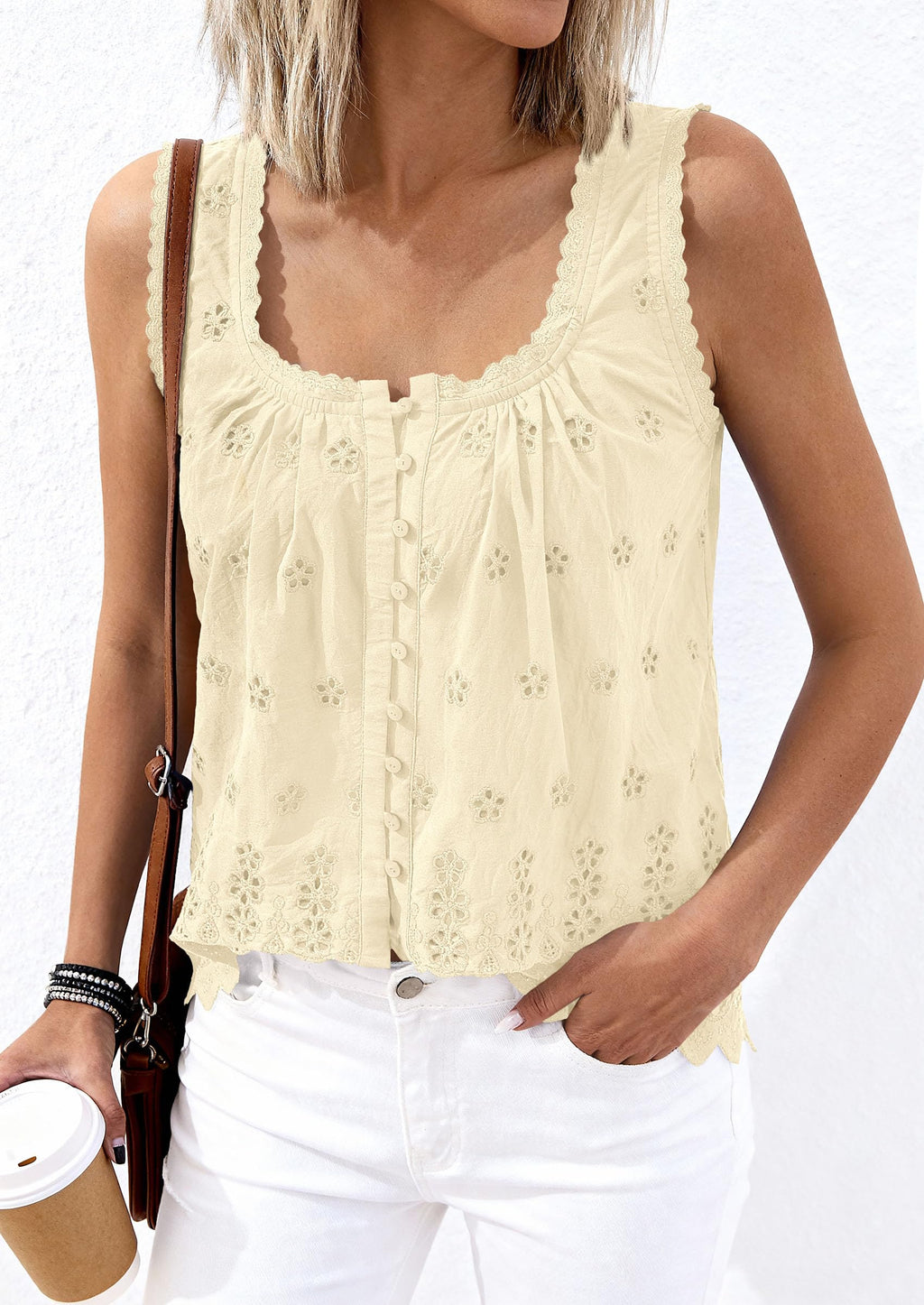PRETTYGARDEN Womens Tank Tops 2026 Summer Button Down Shirts Embroidered Eyelet Dressy Casual Blouses Beach Vacation Clothes