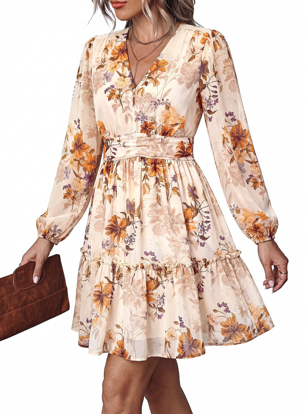PRETTYGARDEN Women Floral Long Sleeve Mini Dress | Fall Wedding Guest Dresses, V Neck, Fit & Flare, Ruffle Hem A-Line, Short Chiffon Dress, Elegant Holiday Party, Date Outfits