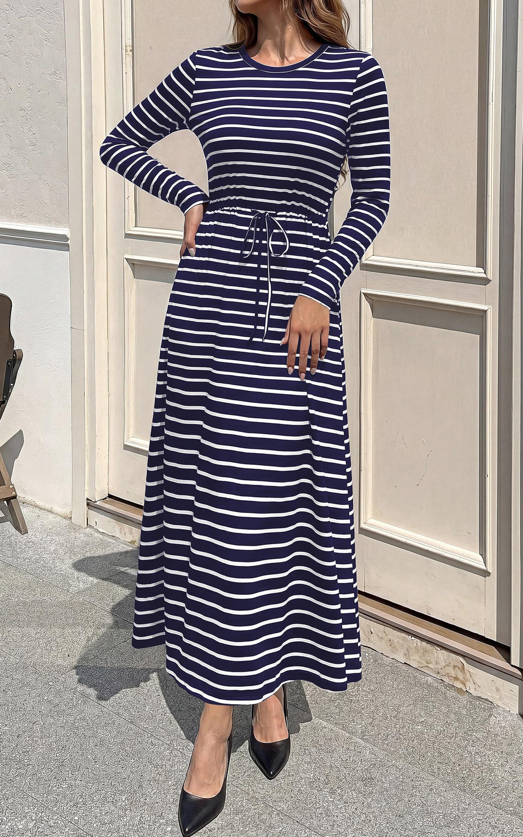 FreshPretty Long Sleeve Maxi Dresses for Women Fall Casual Loose Striped Dress|Cotton T Shirt Dress, Loose Fit Dress with Pocket, Business Casual Work Teacher, Fall Outfits