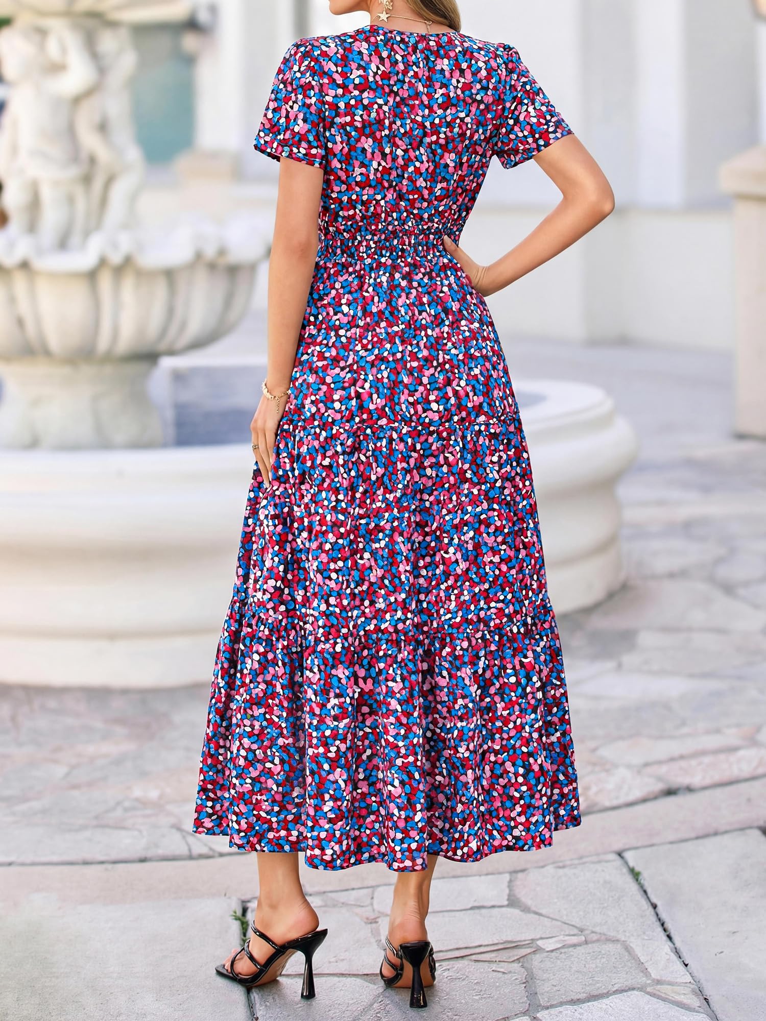 BTFBM Womens Summer Floral Maxi Dresses V Neck Short Sleeve Boho Casual Flowy Long Wedding Guest Dress Beach Vacation