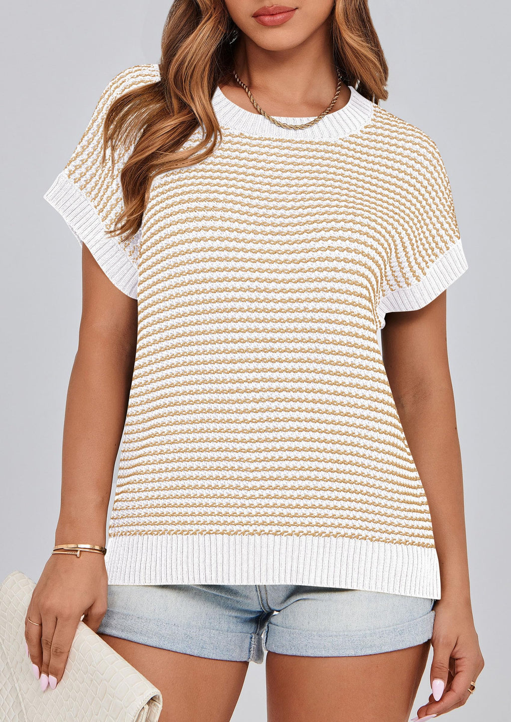 PRETTYGARDEN Womens Short Sleeve Sweater Spring Summer Round Neck Striped Pullover Cap Sleeve Knit Sweater Vest Tops