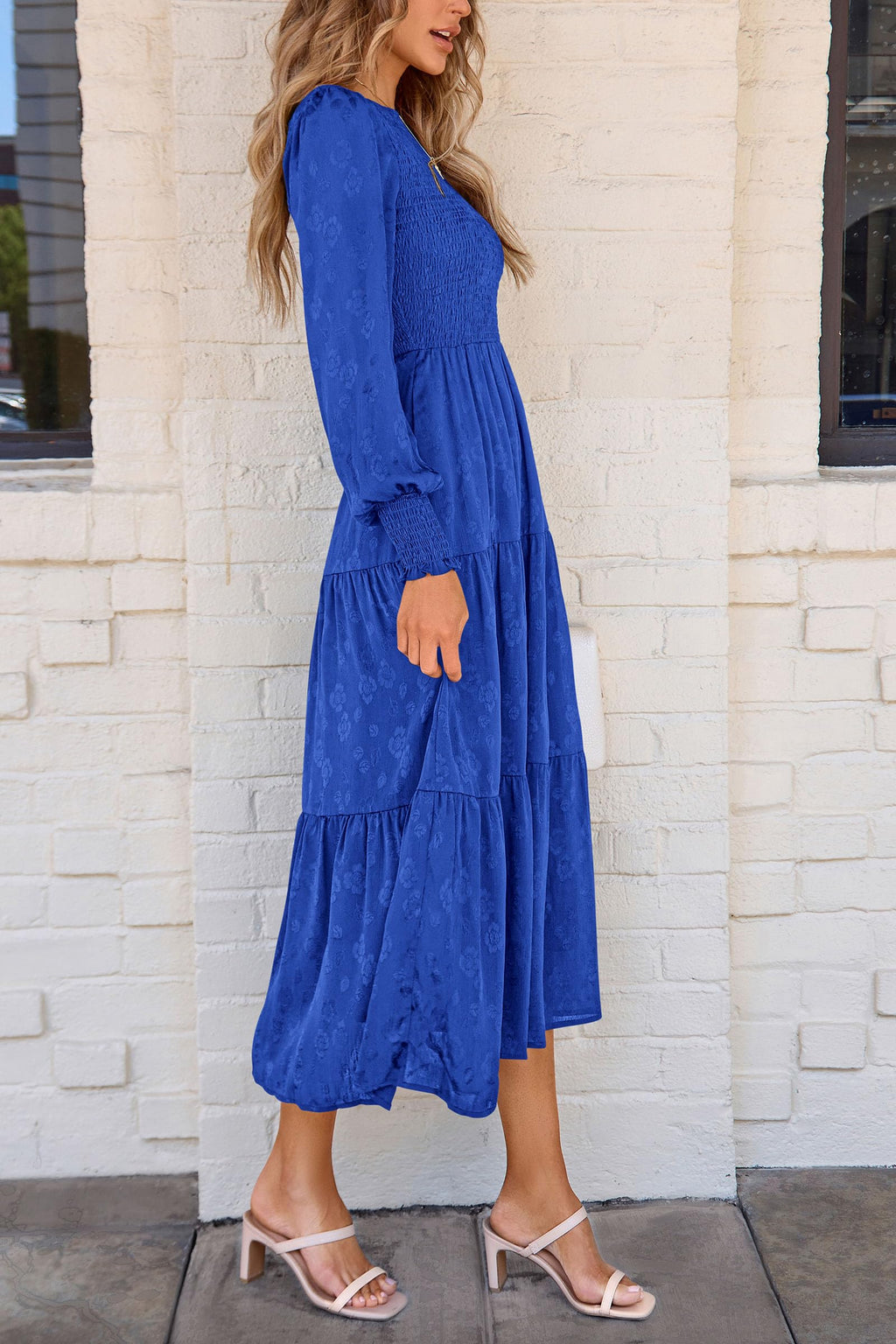 PRETTYGARDEN Women's Fall Spring Midi Dress Long Sleeve Floral Smocked Elegant Wedding Guest Long Flowy Dresses with Pockets