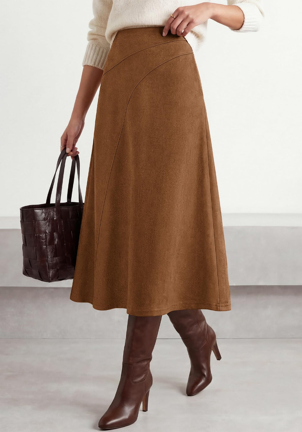 BTFBM Women Faux Suede Midi Long Skirt Fall Fashion | High Waisted Skirts For Women Trendy, Lightweight, Back Elastic, Arc Line Design, A-Line, Winter Dress, Boho Western Outfits