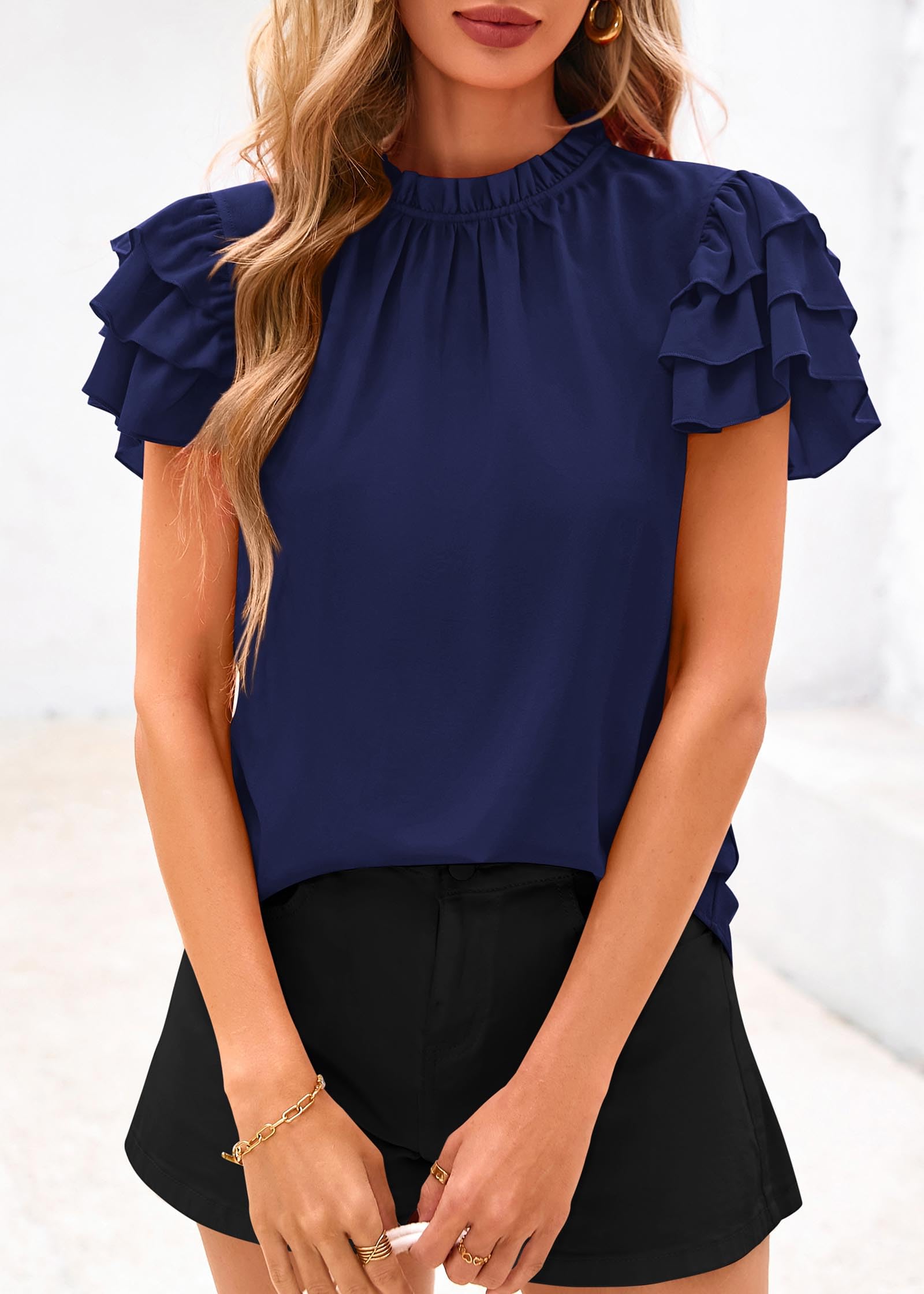 FreshPretty Blouses for Women Dressy Casual Spring Summer Ruffle Short Sleeve Mock Neck Work Shirts Tops Fashion Clothing