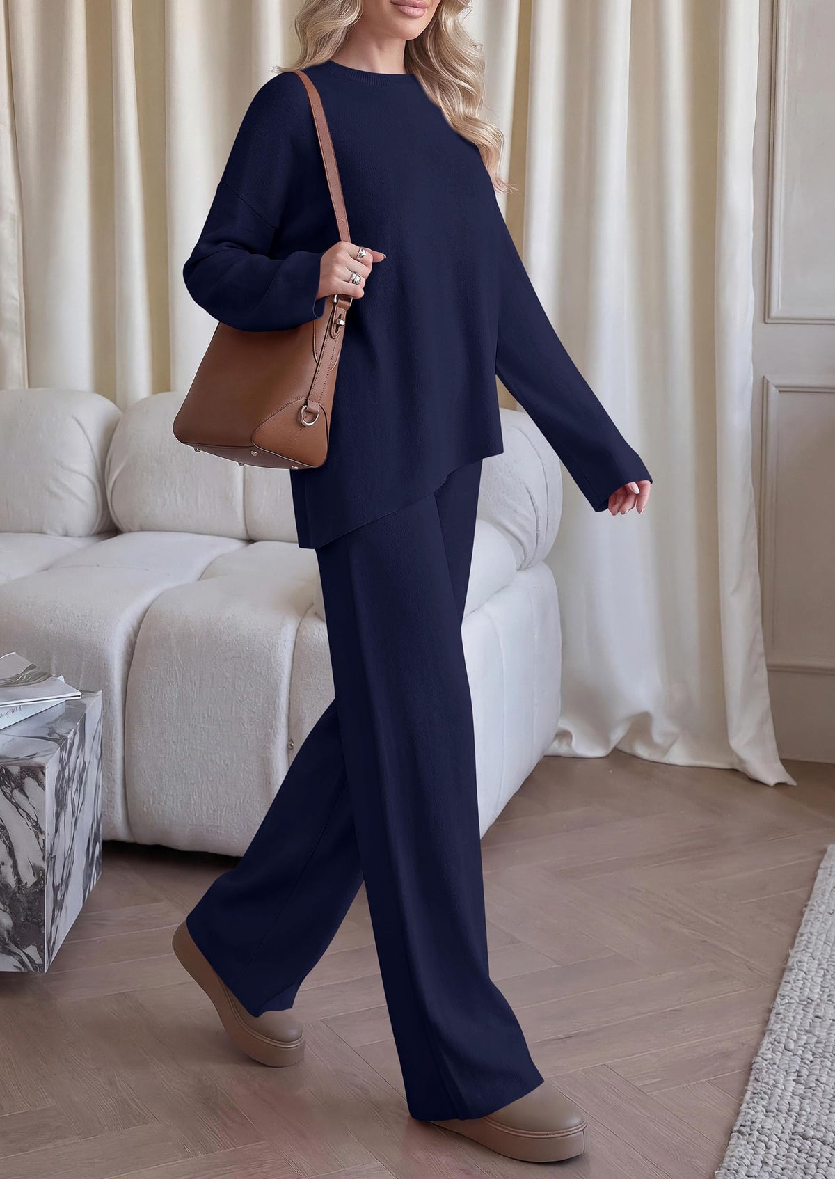 PRETTYGARDEN Womens Fall 2 Piece Asymmetric Cozy Sweater Travel Lounge Sets Crewneck Drop Shoulder Tops, Wide Leg Pants, Soft Casual Knit Matching Set,Vacation Airport Holiday Outfits