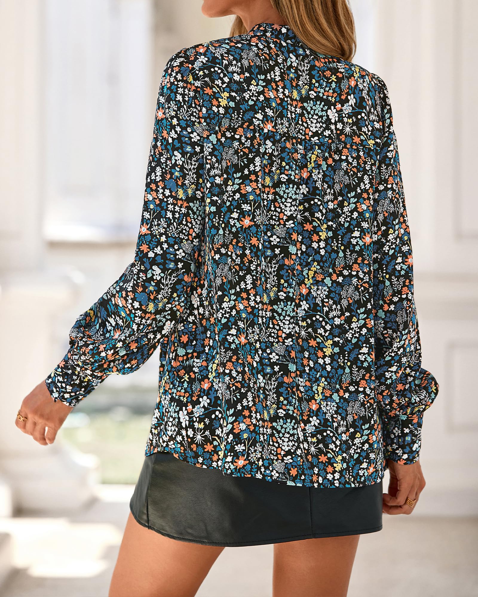 BTFBM Womens Tops Dressy Casual Spring Boho Floral V Neck Long Sleeve Half Button Down Shirt Work Business Blouses