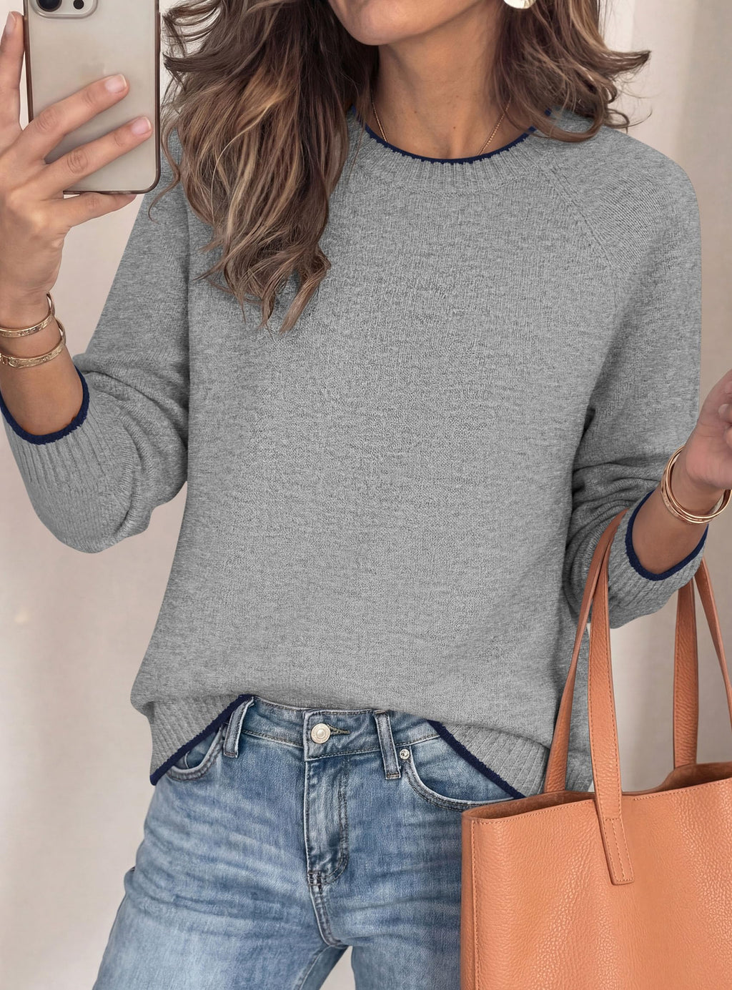 PRETTYGARDEN Womens Crewneck Fall Sweaters Pullover Tops Soft Stretchy Knit,Raglan Long Sleeve,Ribbed Cuffs,Color Block,Casual Daily Outfits,Office Work Clothes,Winter Layering Wear