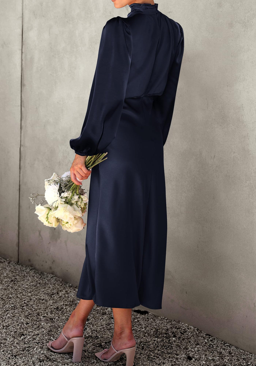 BTFBM Womens Mock Neck Satin Dress Spring Summer Long Sleeve Lightweight Formal Wedding Party Maxi Cocktail Dresses