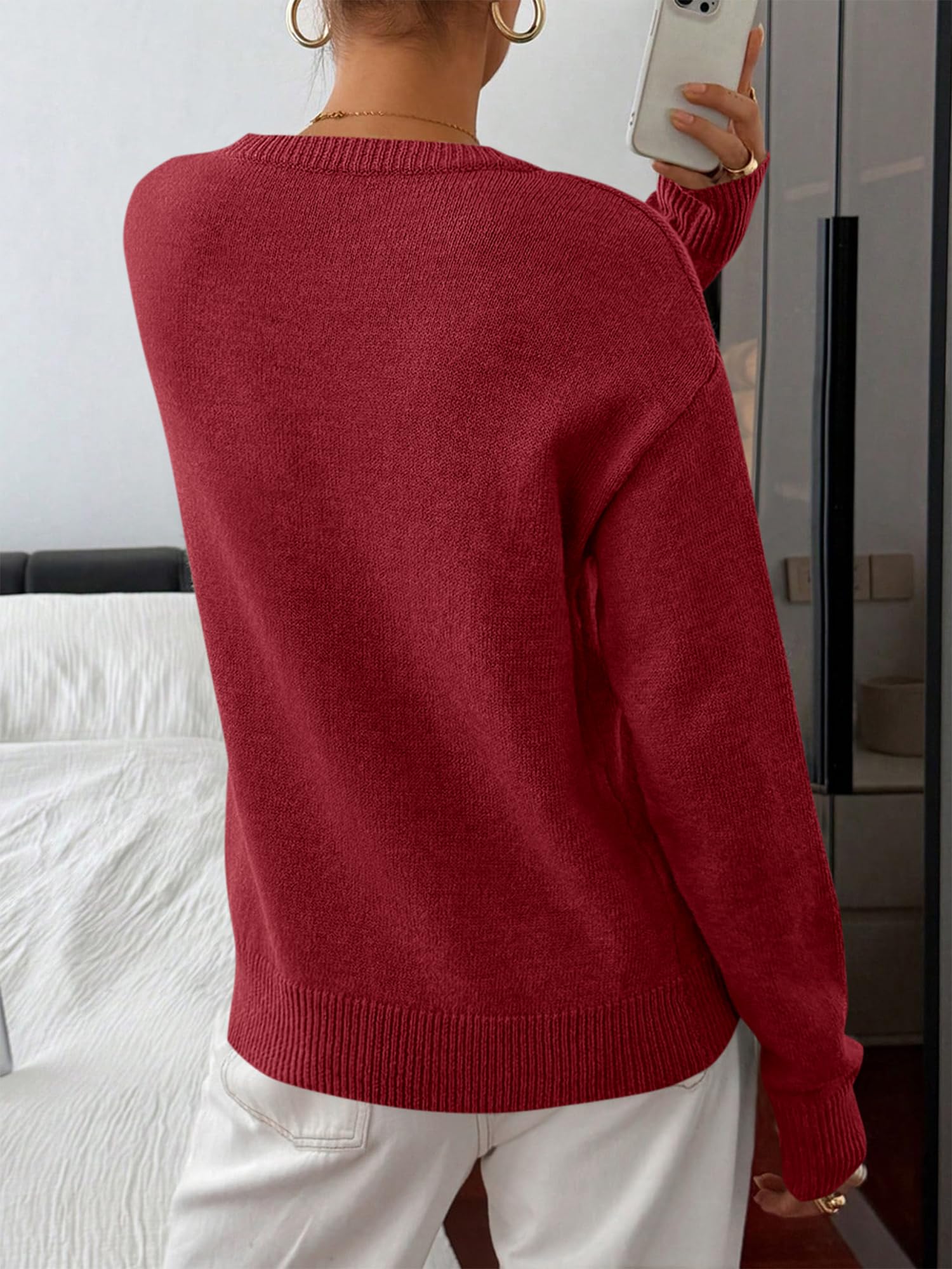 BTFBM Women Long Sleeve Crew Neck Sweaters Tops, 2 in1 Knitted Pullover, Deco Buttons, Oversized, Stretchy, Vacation, Business Casual Outfits, Fall Winter Trendy