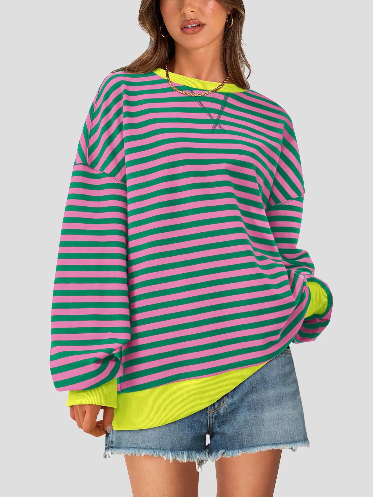 PRETTYGARDEN Womens Striped Oversized Sweatshirt Color Block Crew Neck Long Sleeve Casual Loose Pullover Top Y2K Clothes