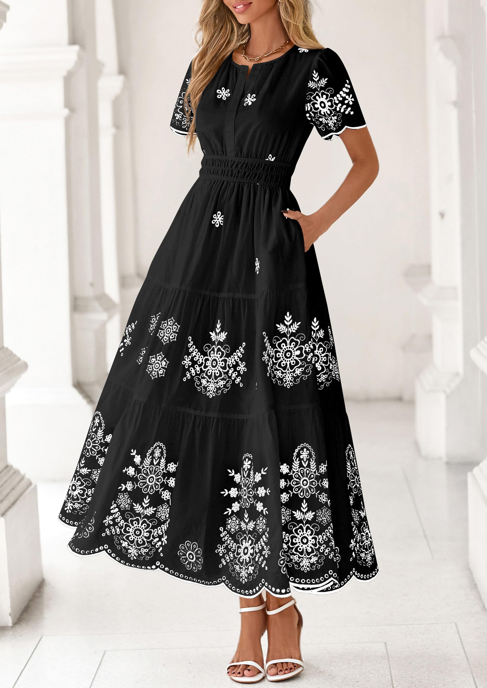 PRETTYGARDEN Boho Dresses for Women Summer Spring Casual Floral Short Sleeve V Neck Maxi Elastic Waist Dress Pockets