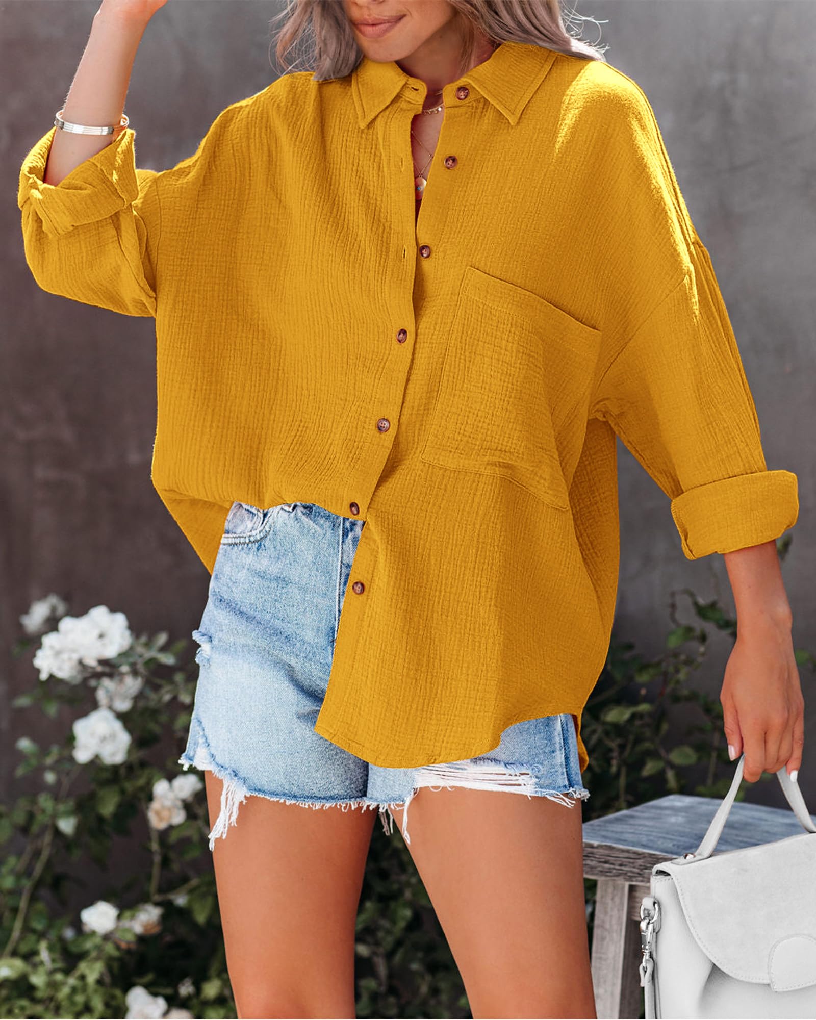 FreshPretty Casual Shirts for Women Long Sleeve Button Down Blouses Fall Solid Color Trendy Tops with Pocket