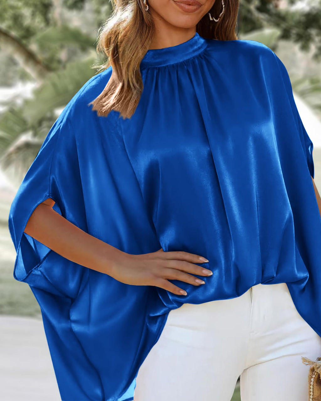 BTFBM Womens Summer Tops Mock Neck Batwing Sleeve Silk Satin Shirts Loose Oversized Dressy Casual Spring Blouses
