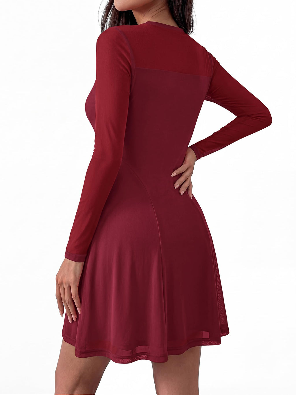 BTFBM Women’s Mini Dress Sheer Mesh Long Sleeve Crew Neck Flowy A Line Casual Cocktail Party Going Out Dresses Fall