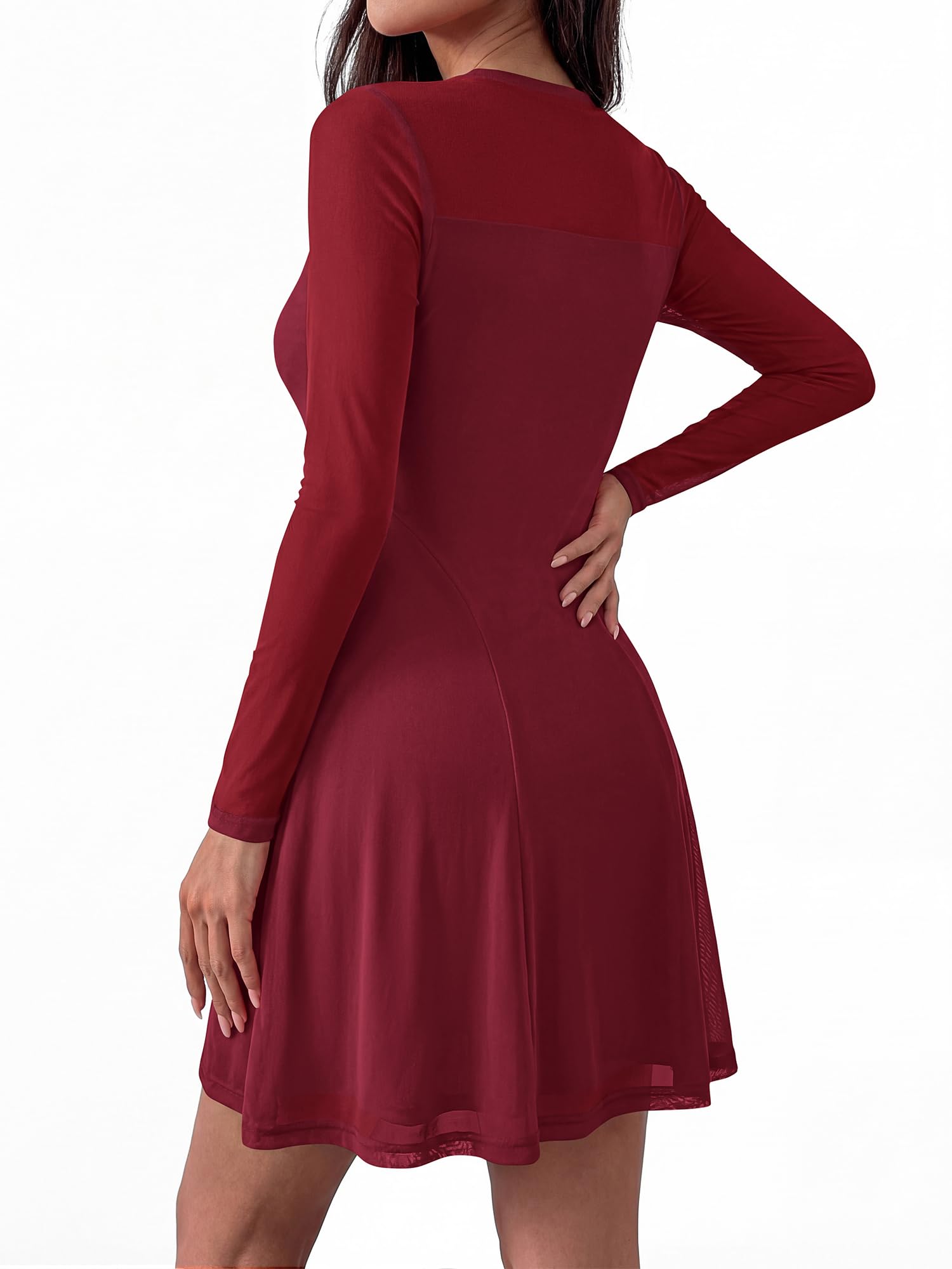 BTFBM Women’s Mini Dress Sheer Mesh Long Sleeve Crew Neck Flowy A Line Casual Cocktail Party Going Out Dresses Fall