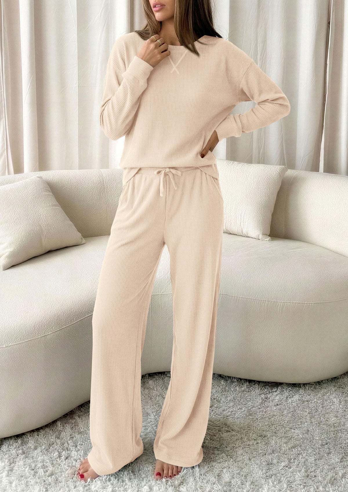 PRETTYGARDEN Sweatsuits Women 2 Piece Airport Travel Outfits | Ribbed Knit Lounge Sets, Casual Athleisure Wear, Matching Long Sleeve Shirts & Wide Leg Pants Pockets, Fall Winter Clothes