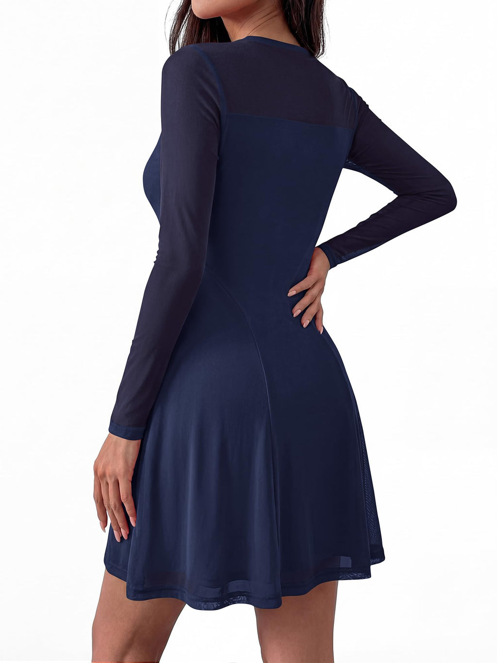 BTFBM Women’s Mini Dress Sheer Mesh Long Sleeve Crew Neck Flowy A Line Casual Cocktail Party Going Out Dresses Fall